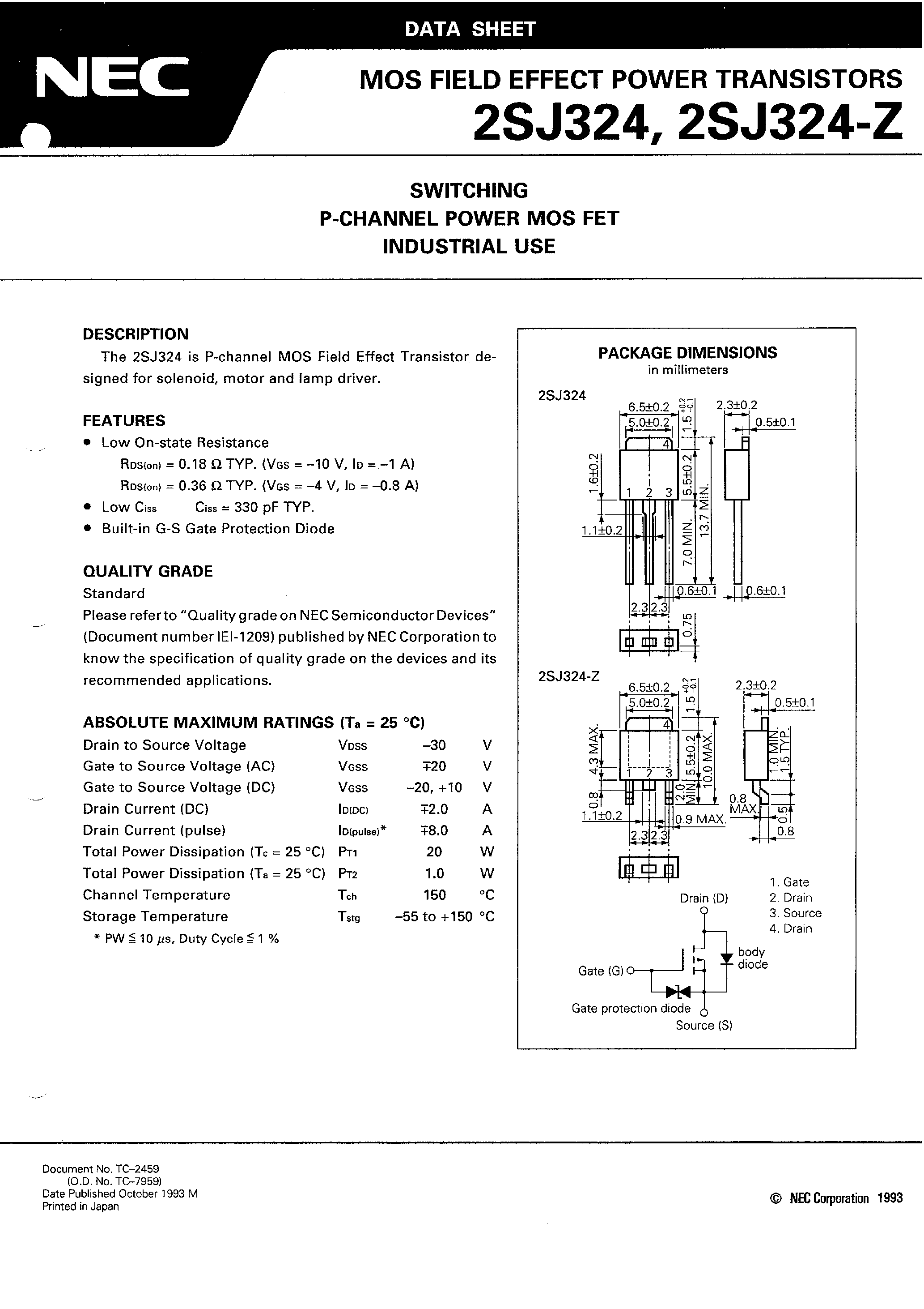 Даташит 2SJ324 - SWITCHING P-CHANNEL POWER MOS FET INDUSTRIAL USE страница 1