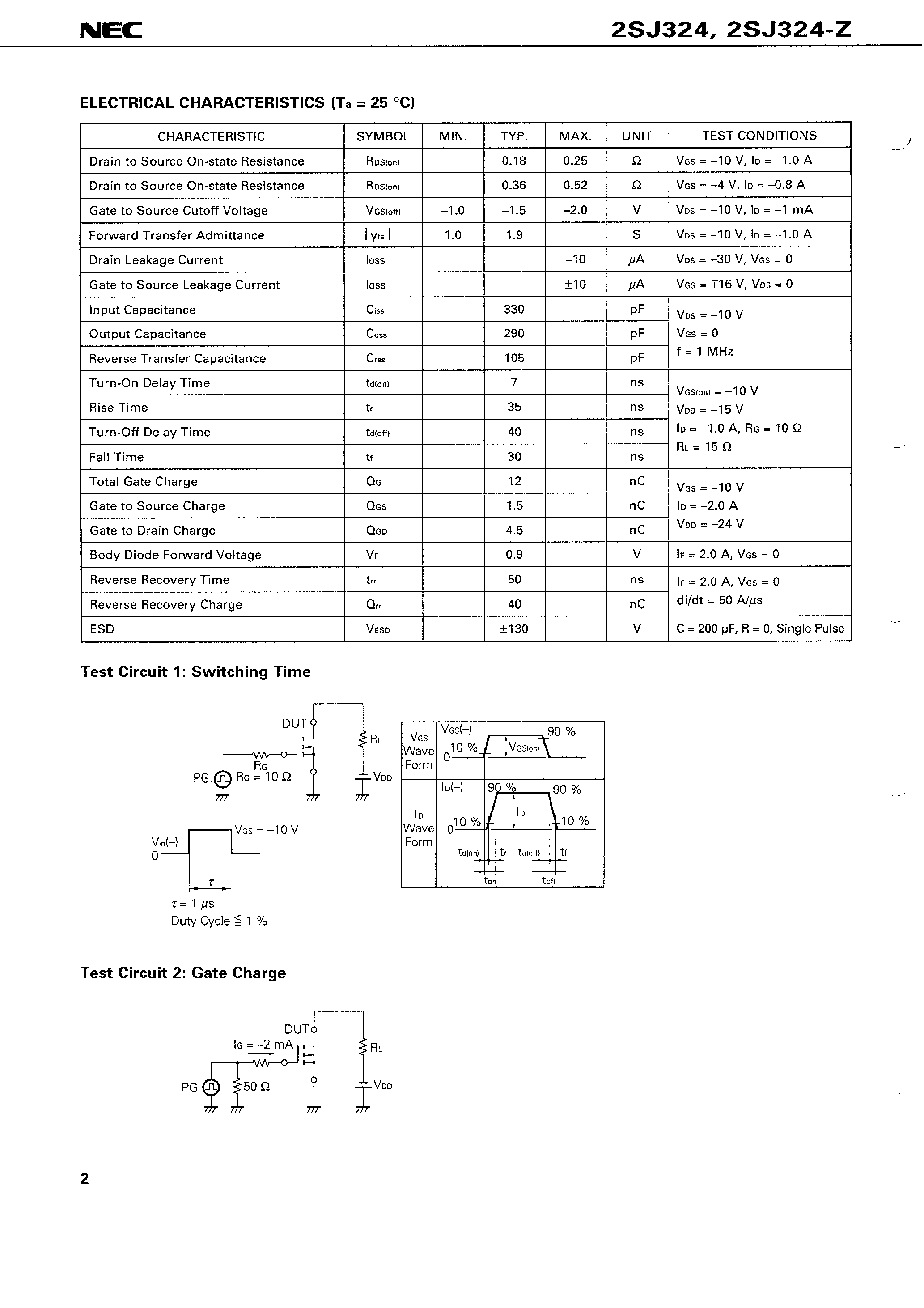 Даташит 2SJ324 - SWITCHING P-CHANNEL POWER MOS FET INDUSTRIAL USE страница 2