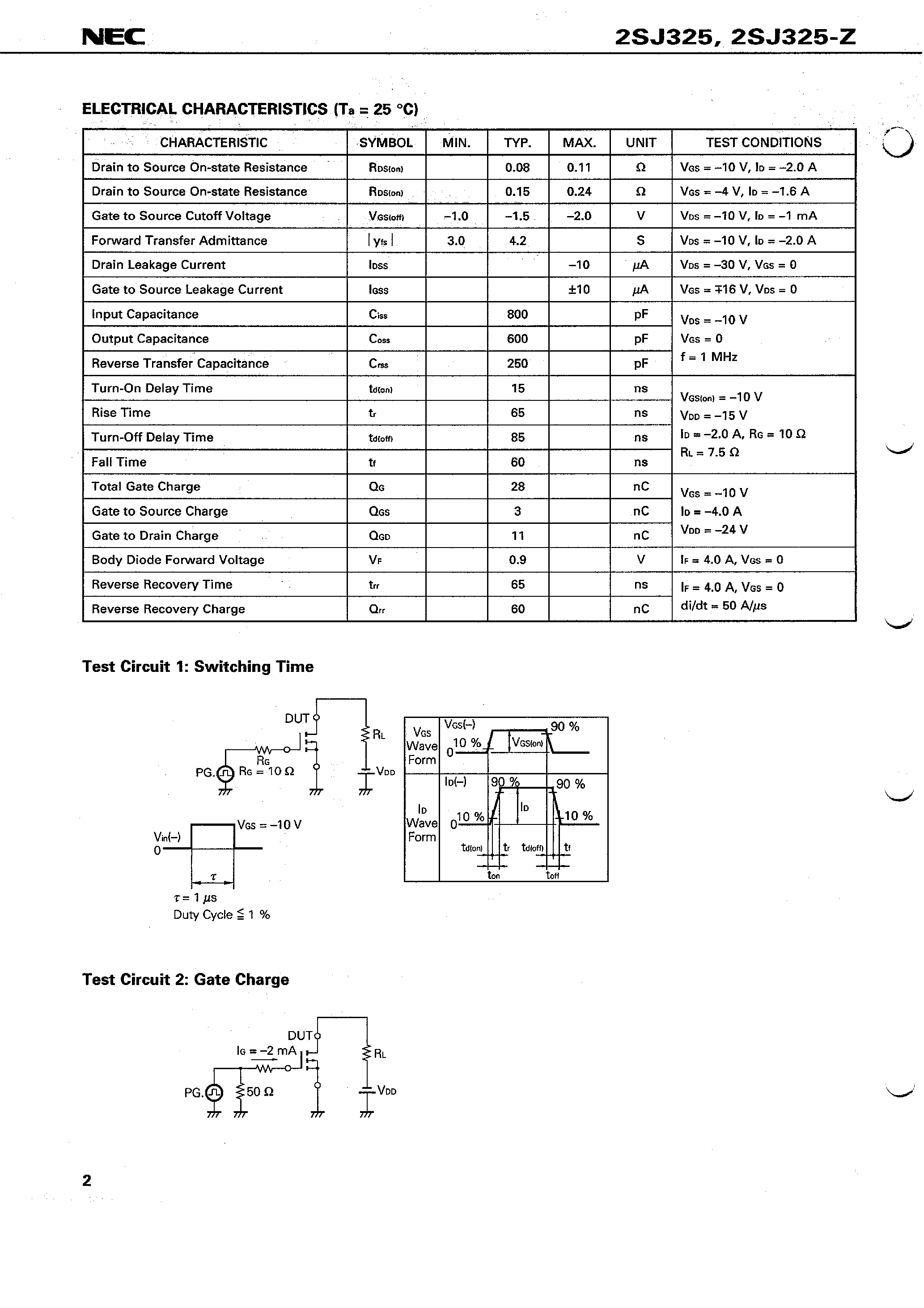 Даташит 2SJ325 - SWITCHING P-CHANNEL POWER MOS FET INDUSTRIAL USE страница 2