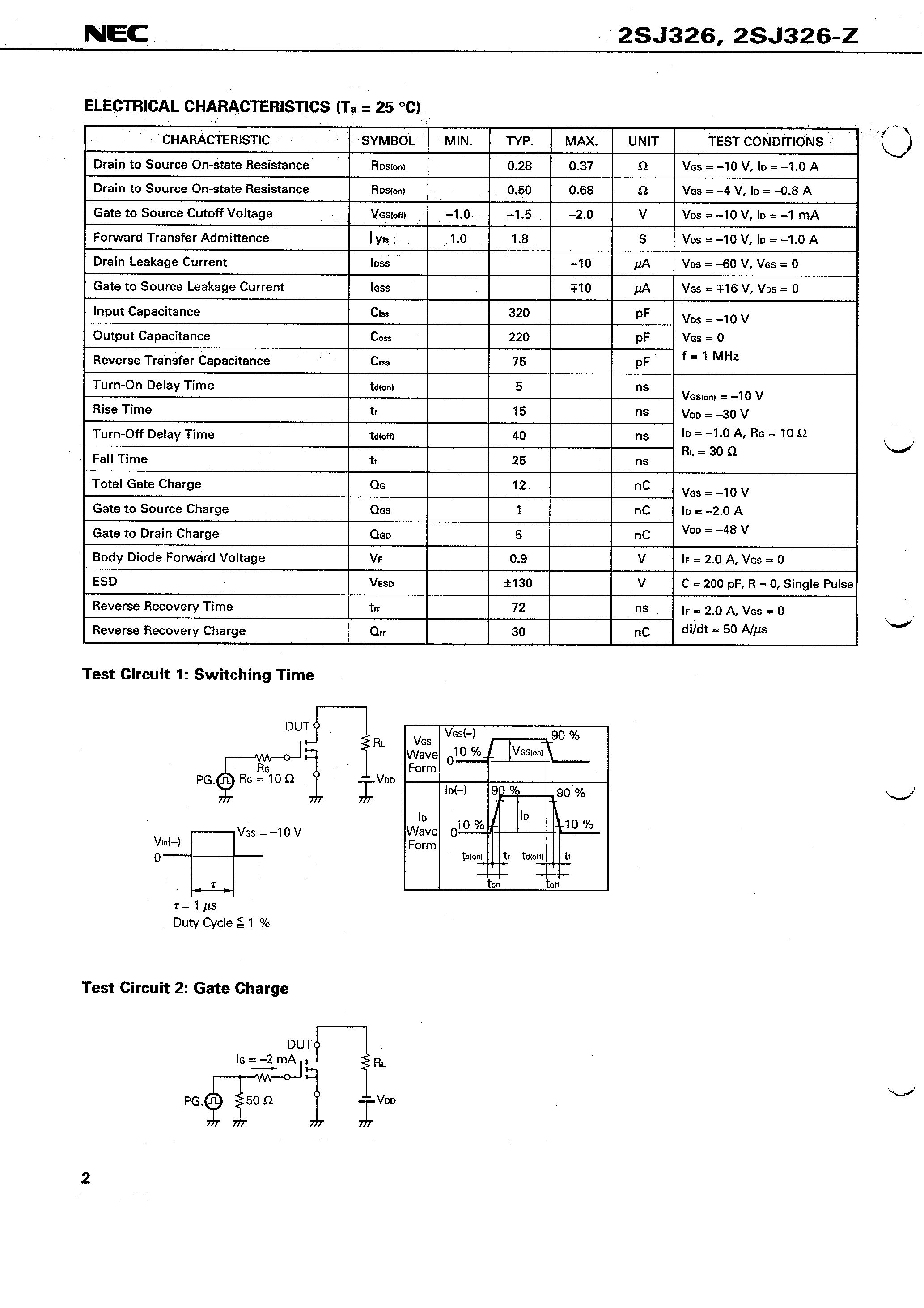 Даташит 2SJ326 - SWITCHING P-CHANNEL POWER MOS FET INDUSTRIAL USE страница 2