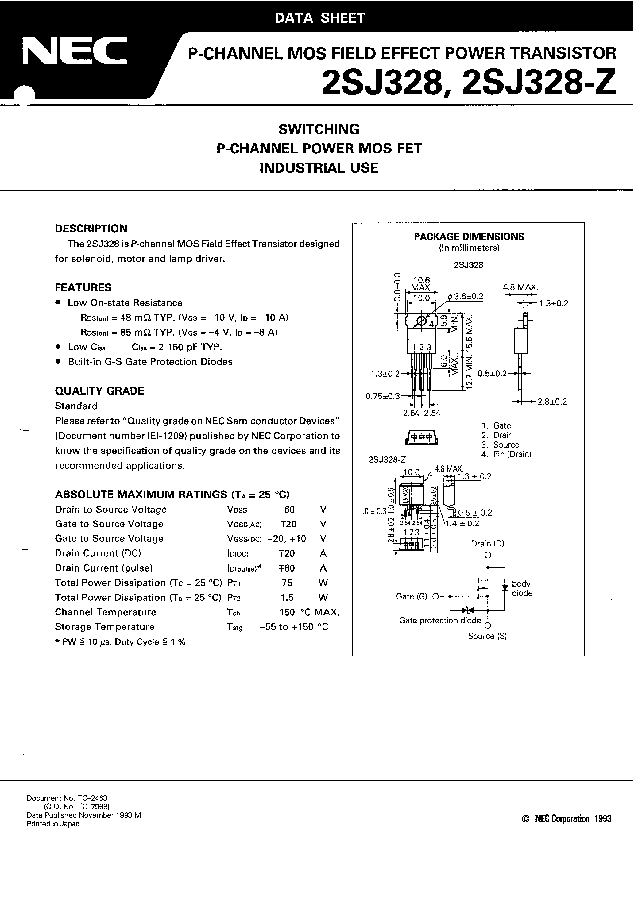 Даташит 2SJ328 - SWITCHING P-CHANNEL POWER MOS FET INDUSTRIAL USE страница 1