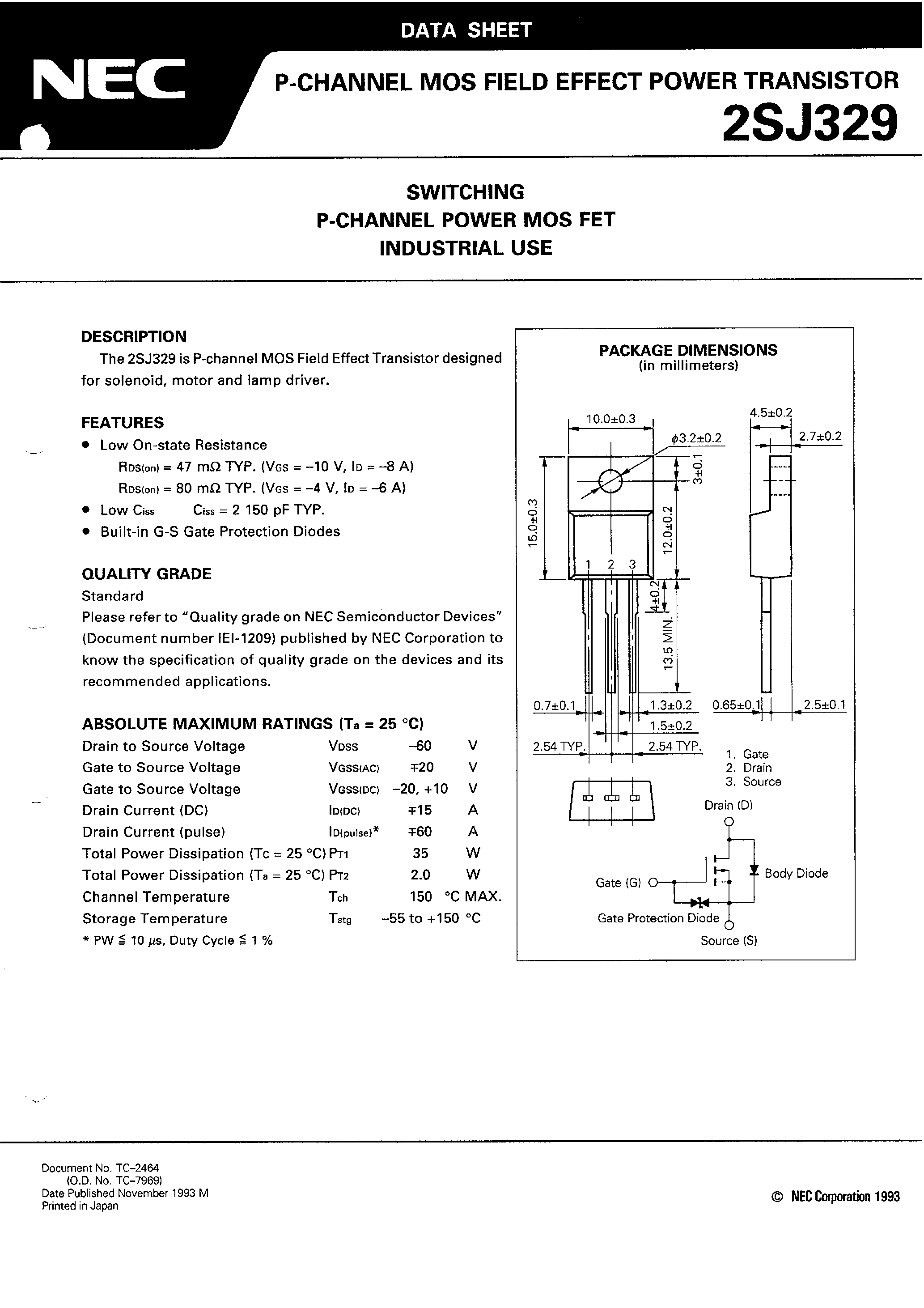 Даташит 2SJ329 - SWITCHING P-CHANNEL POWER MOS FET INDUSTRIAL USE страница 1