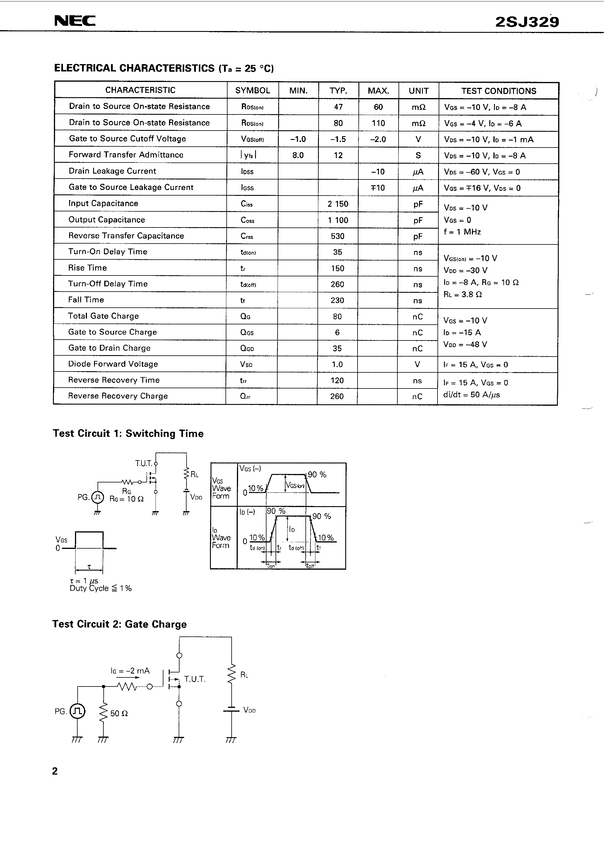 Даташит 2SJ329 - SWITCHING P-CHANNEL POWER MOS FET INDUSTRIAL USE страница 2