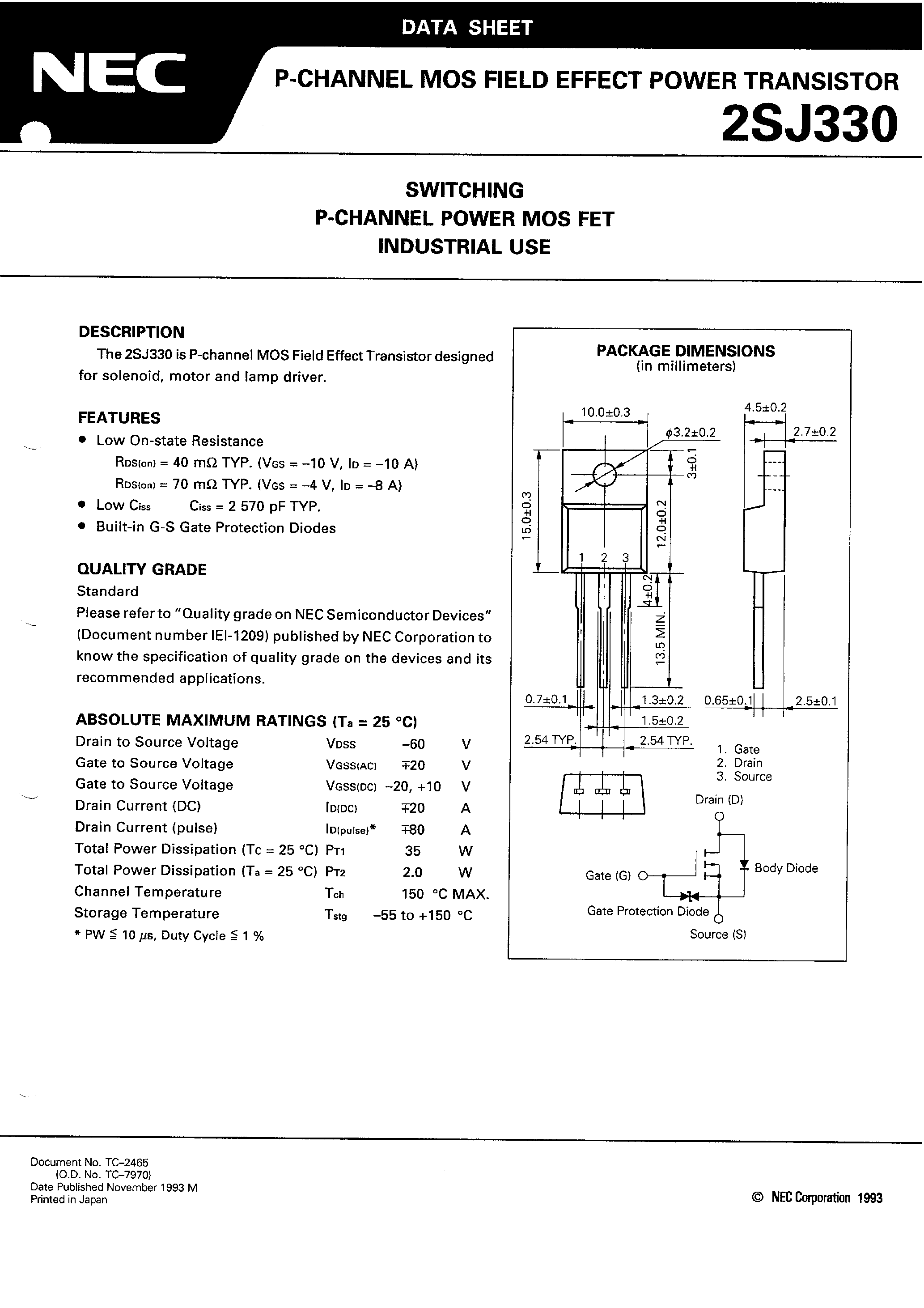 Даташит 2SJ330 - SWITCHING P-CHANNEL POWER MOS FET INDUSTRIAL USE страница 1