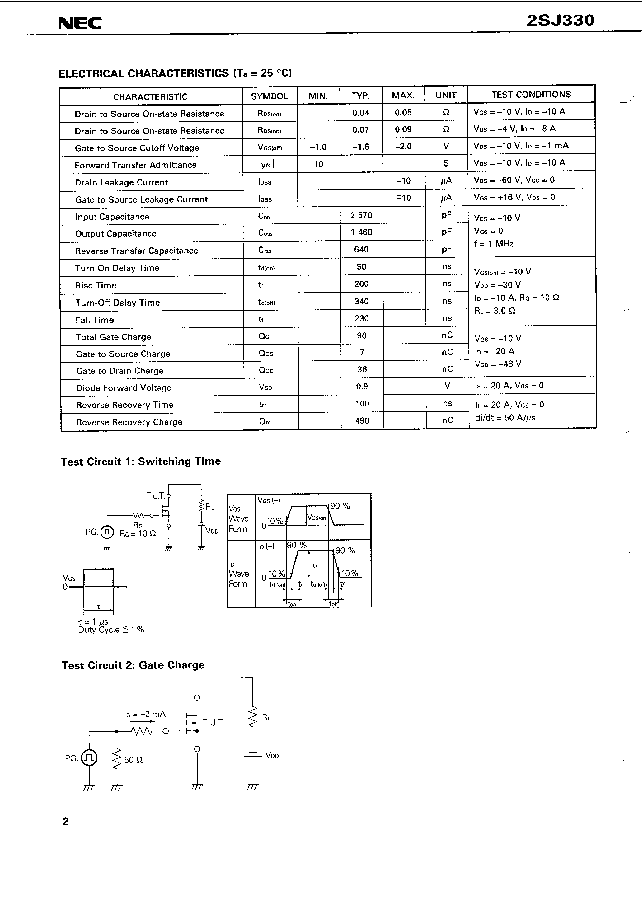 Даташит 2SJ330 - SWITCHING P-CHANNEL POWER MOS FET INDUSTRIAL USE страница 2