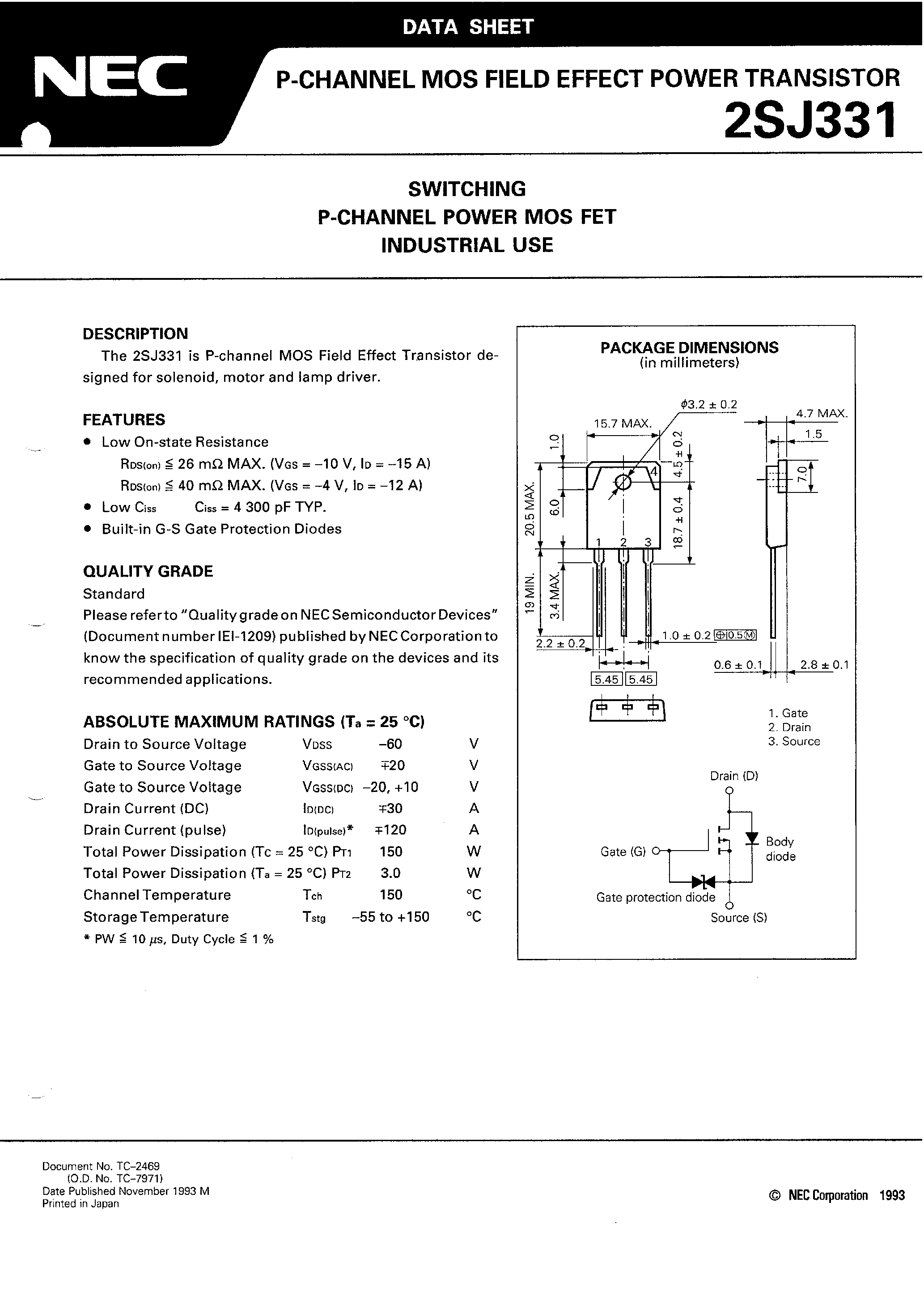 Даташит 2SJ331 - SWITCHING P-CHANNEL POWER MOS FET INDUSTRIAL USE страница 1