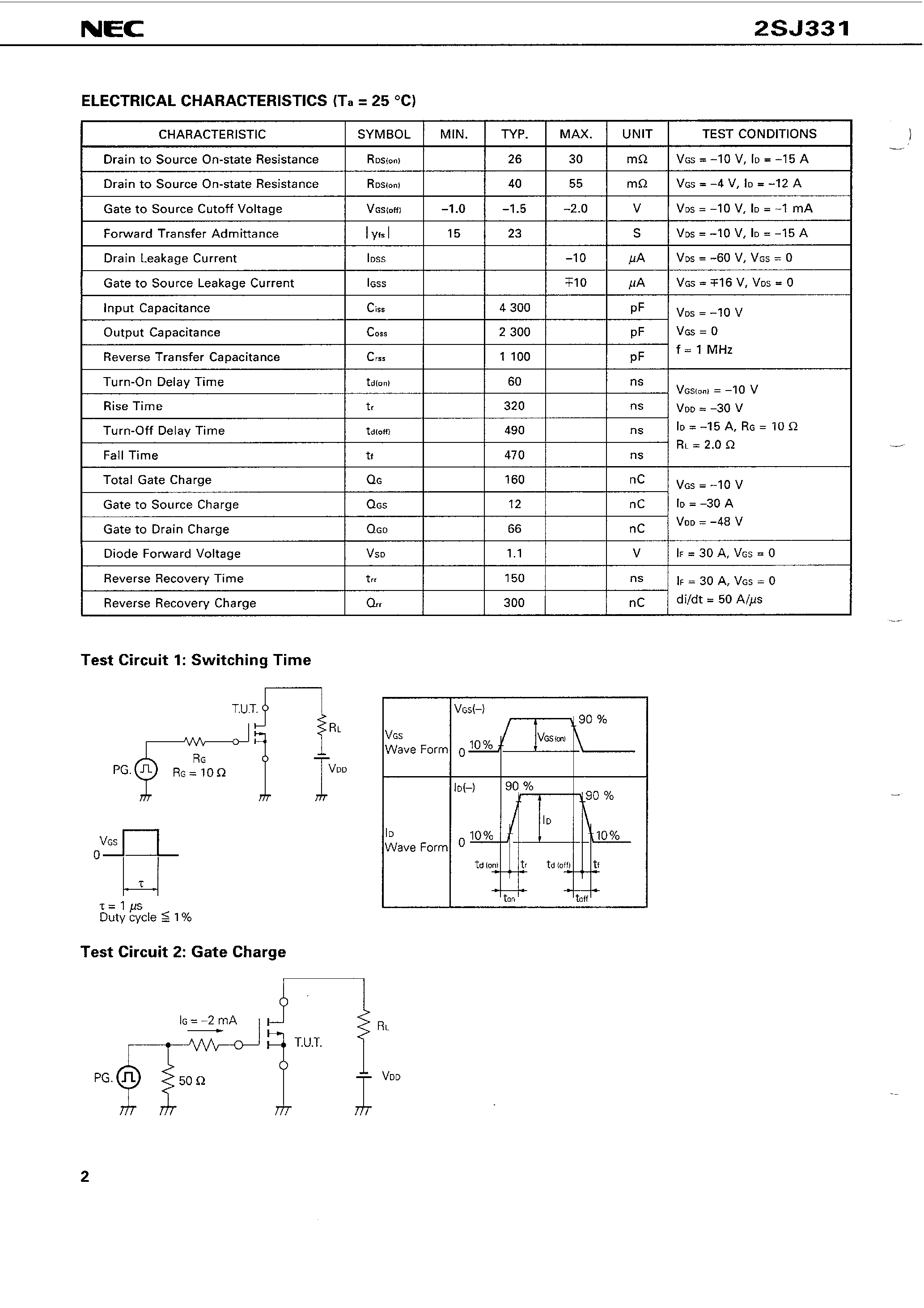 Даташит 2SJ331 - SWITCHING P-CHANNEL POWER MOS FET INDUSTRIAL USE страница 2