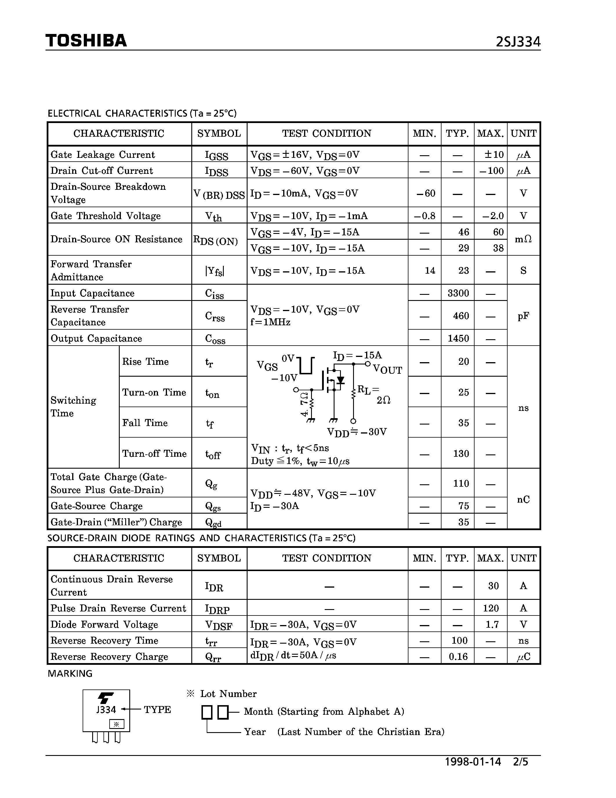 Даташит 2SJ334 - P CHANNEL MOS TYPE (HIGH SPEED/ HIGH CURRENT SWITCHING/ DC-DC CONVERTER/ RELAY DRIVE AND MOTOR DRIVE APPLICATIONS) страница 2