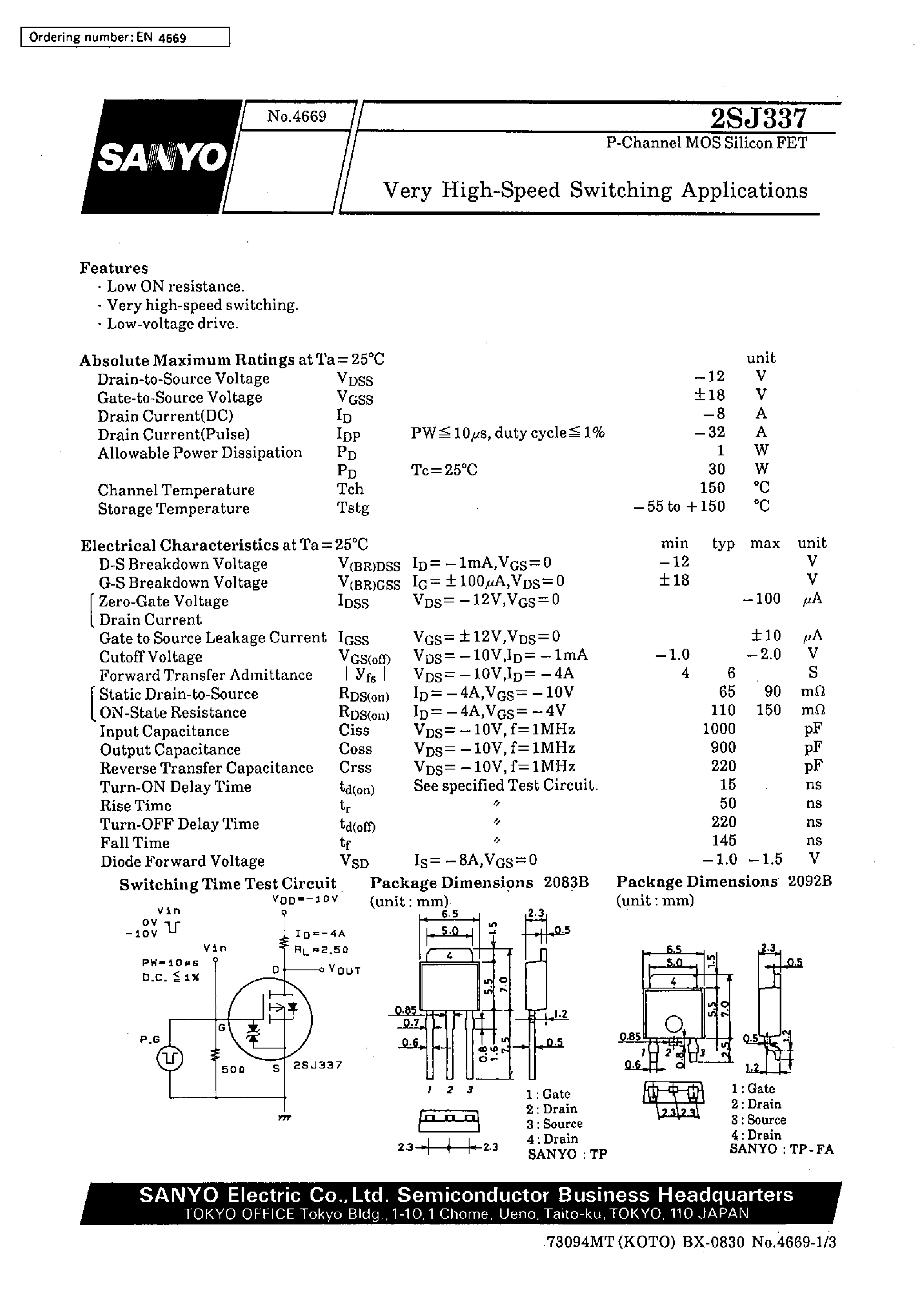 Даташит 2SJ337 - Very High-Speed Switching Applications страница 1