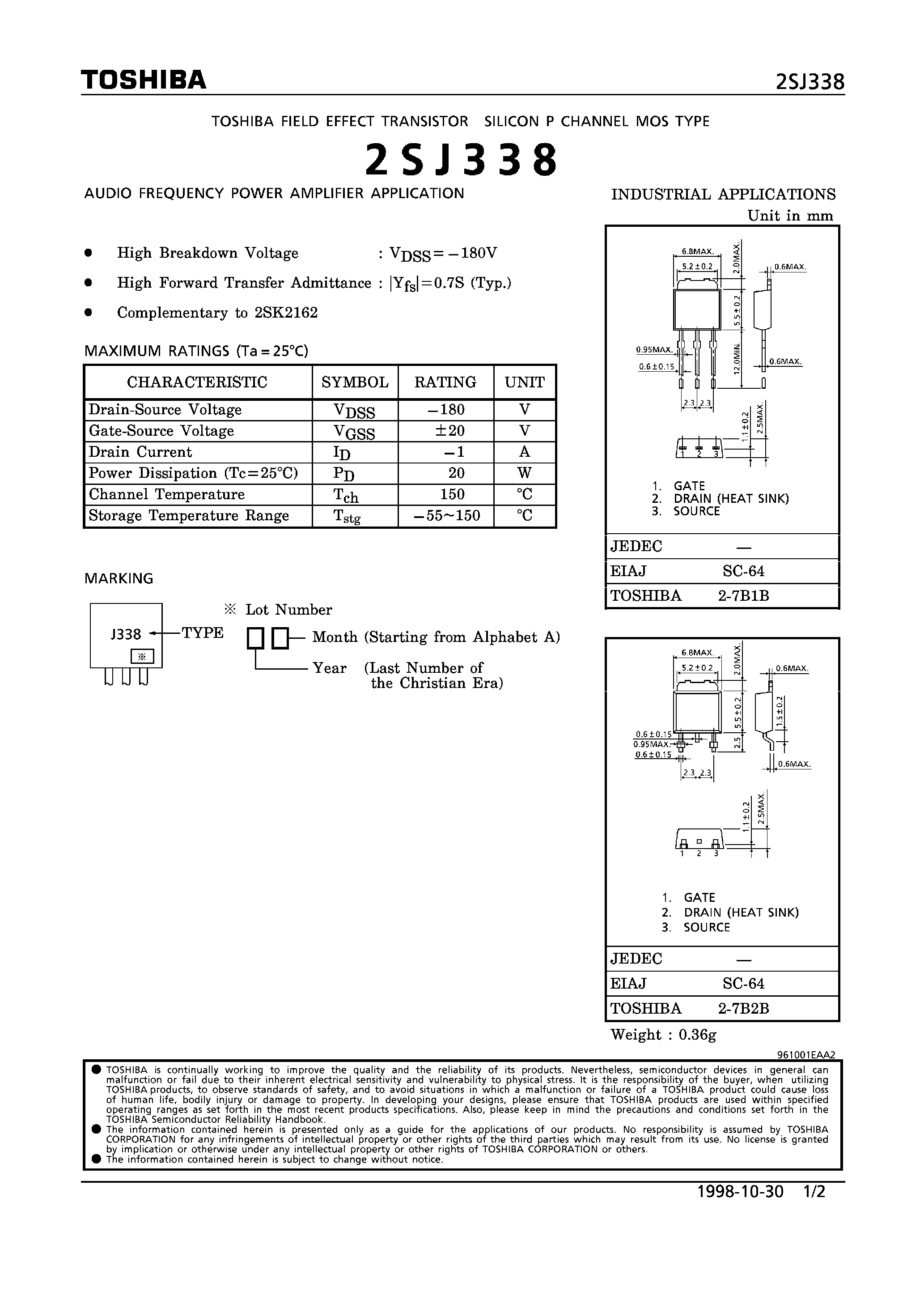 Даташит 2SJ338 - P CHANNEL MOS TYPE (AUDIO FREQUENCY POWER AMPLIFIER APPLICATIONS) страница 1