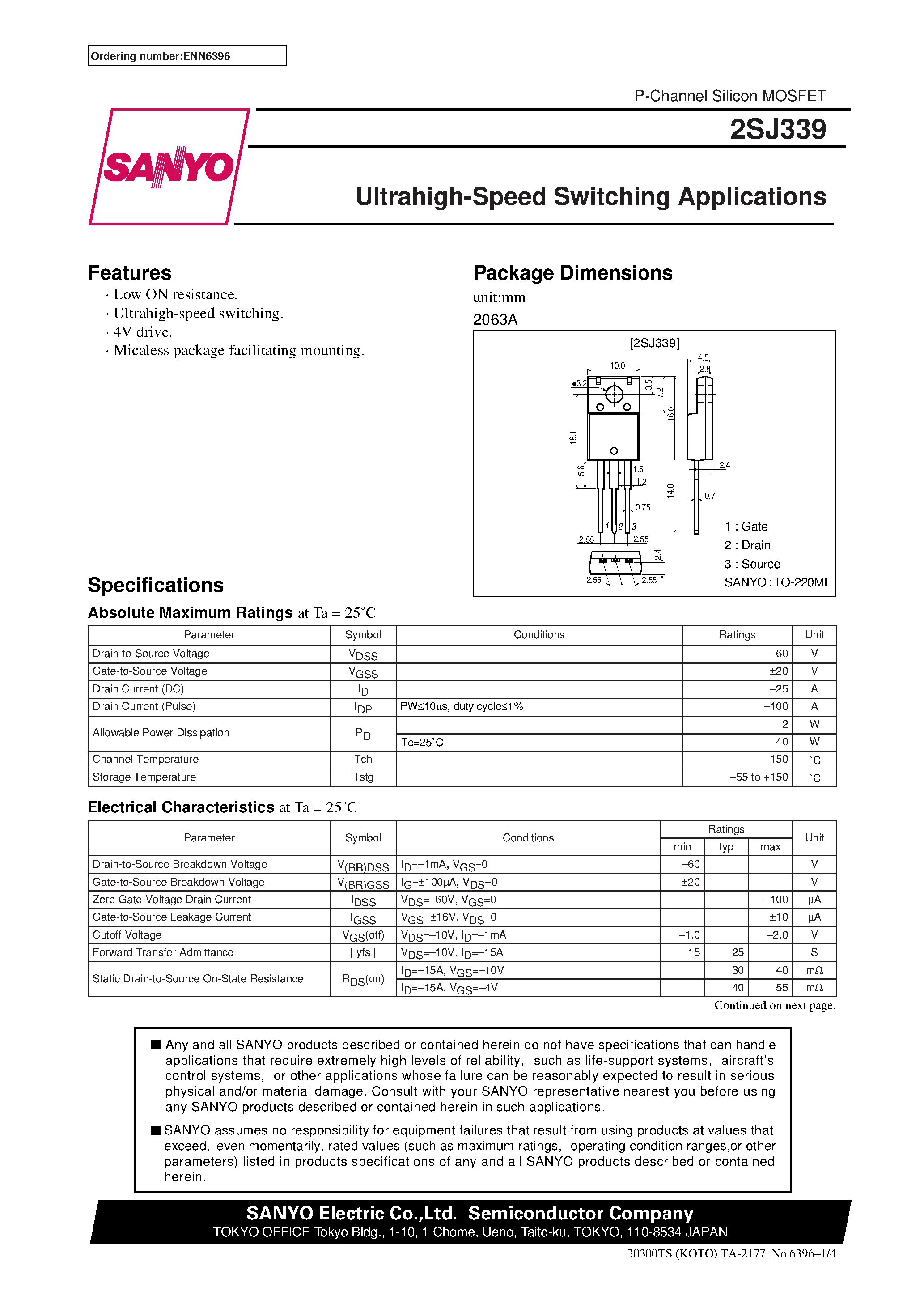 Даташит 2SJ339 - Ultrahigh-Speed Switching Applications страница 1