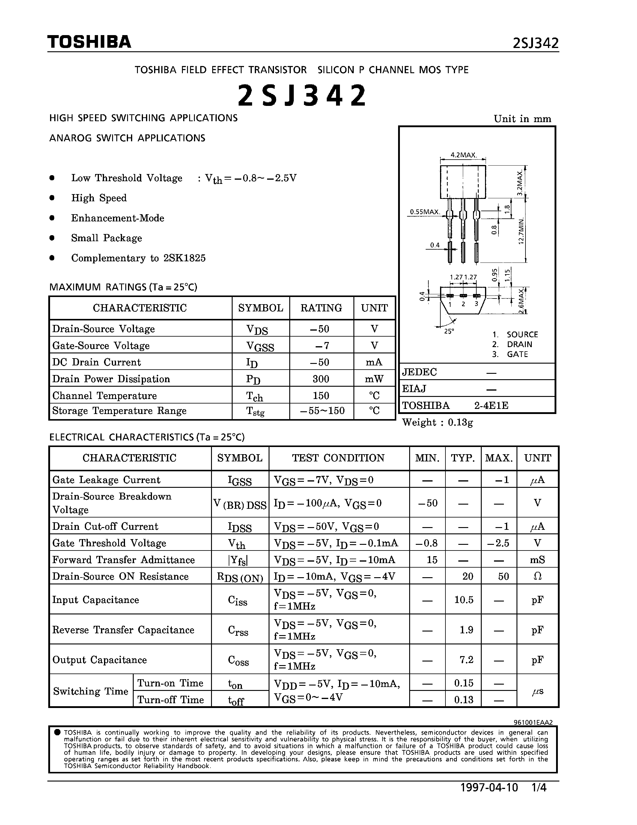 Даташит 2SJ342 - P CHANNEL MOS TYPE (HIGH SPEED SWITCHING/ ANALOG SWITCH APPLICATIONS) страница 1