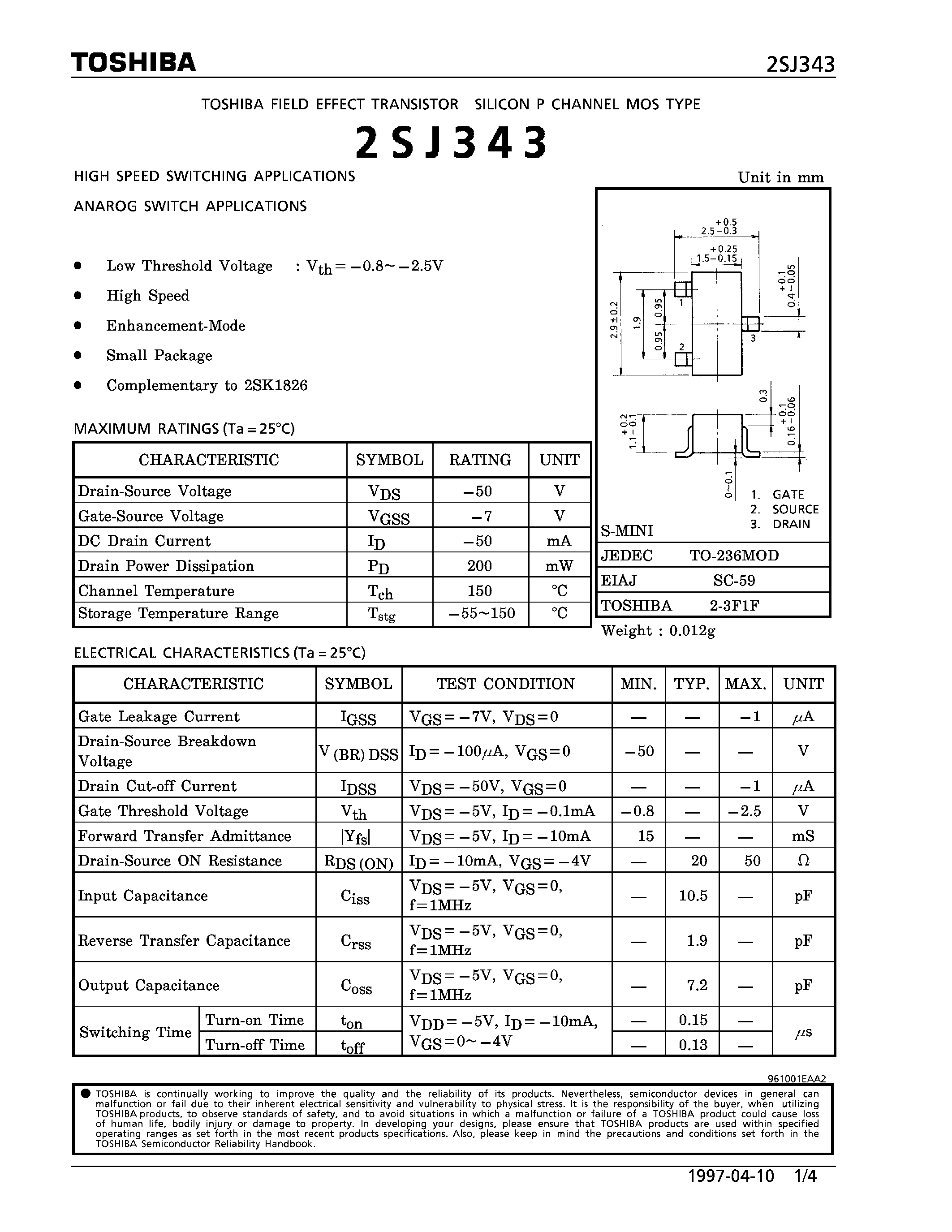 Даташит 2SJ343 - P CHANNEL MOS TYPE (HIGH SPEED SWITCHING/ ANAROG SWITCH APPLICATIONS) страница 1