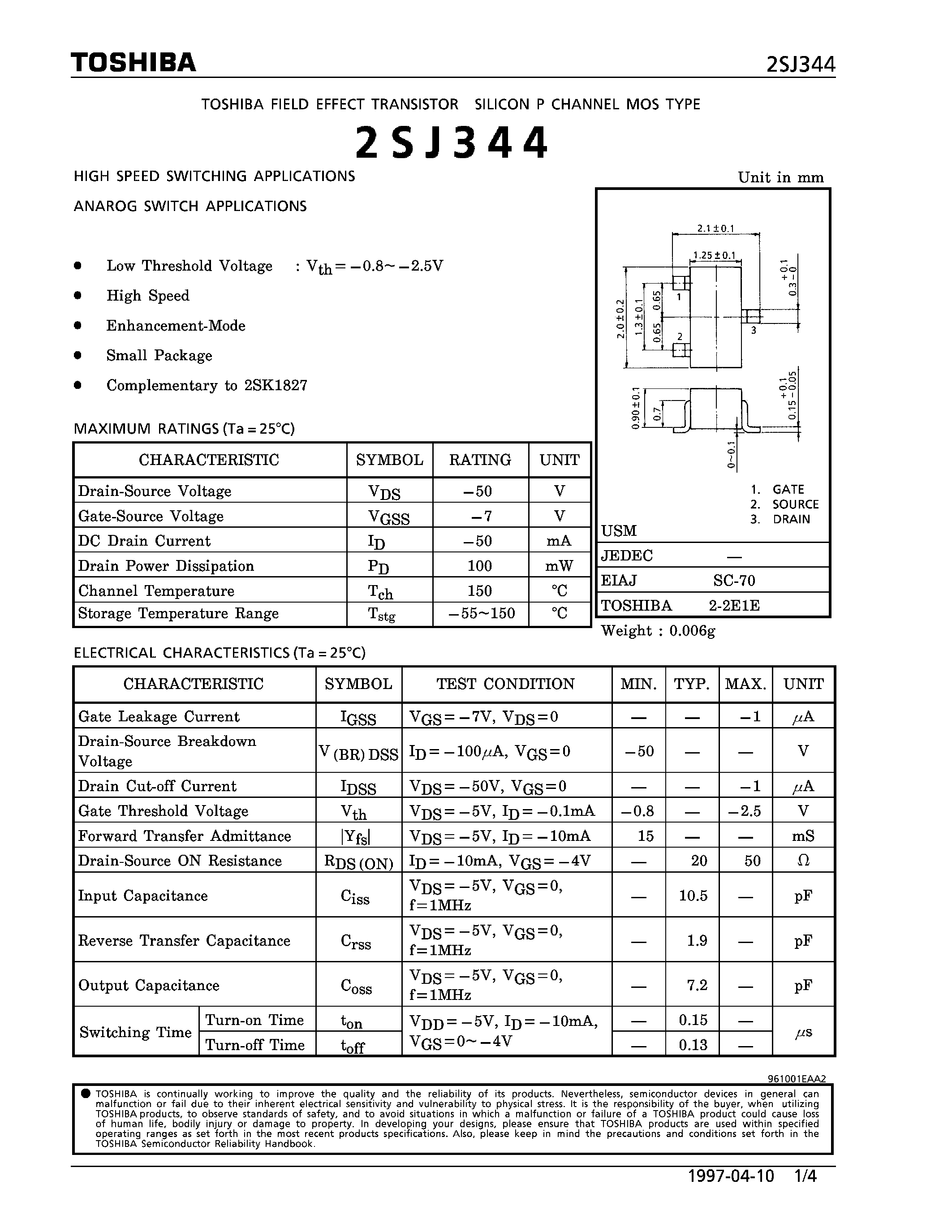 Даташит 2SJ344 - P CHANNEL MOS TYPE (HIGH SPEED SWITCHING/ ANAROG SWITCH APPLICATIOS) страница 1