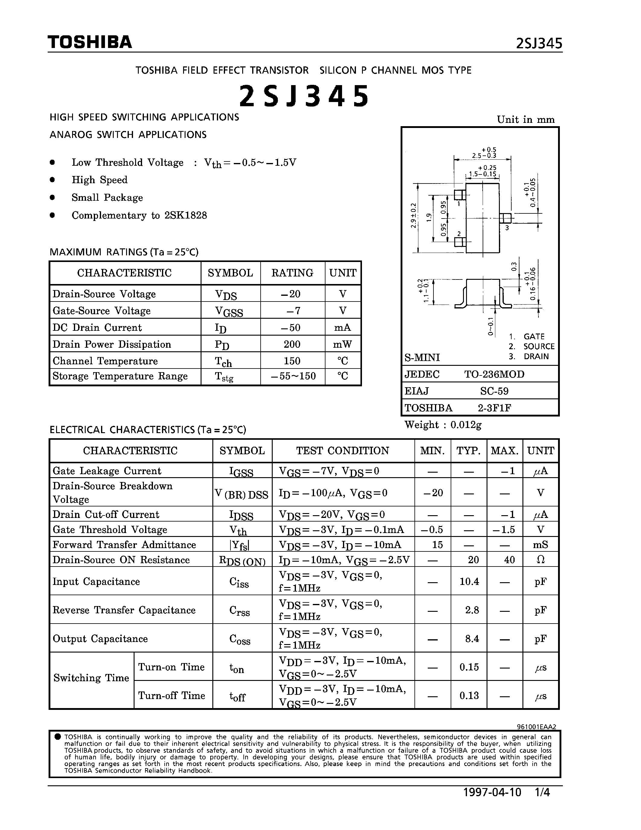 Даташит 2SJ345 - P CHANNEL MOS TYPE (HIGH SPEED SWITCHING/ ANAROG SWITCH APPLICATIONS) страница 1