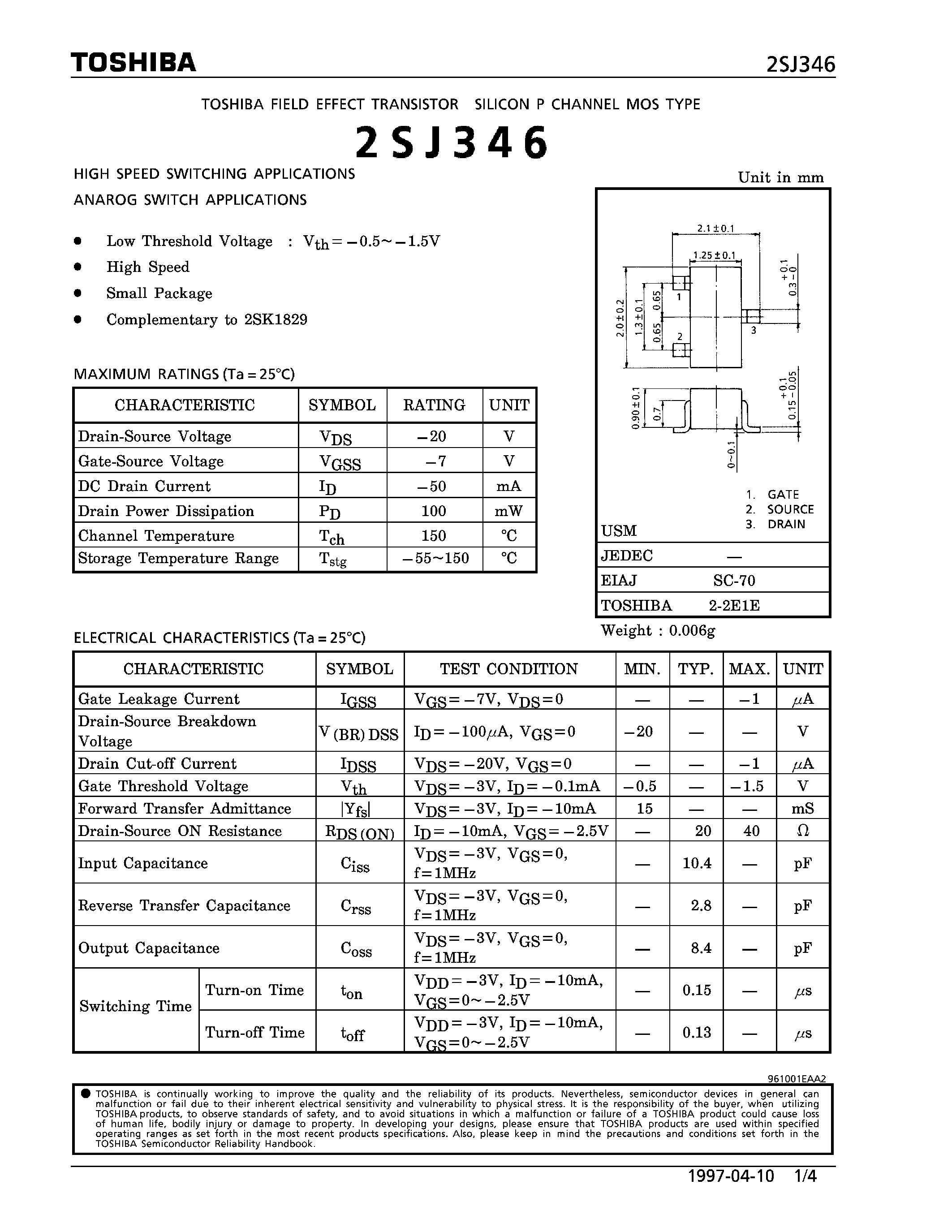 Даташит 2SJ346 - P CHANNEL MOS TYPE (HIGH SPEED SWITCHING/ ANAROG SWITCH APPLICATIONS) страница 1