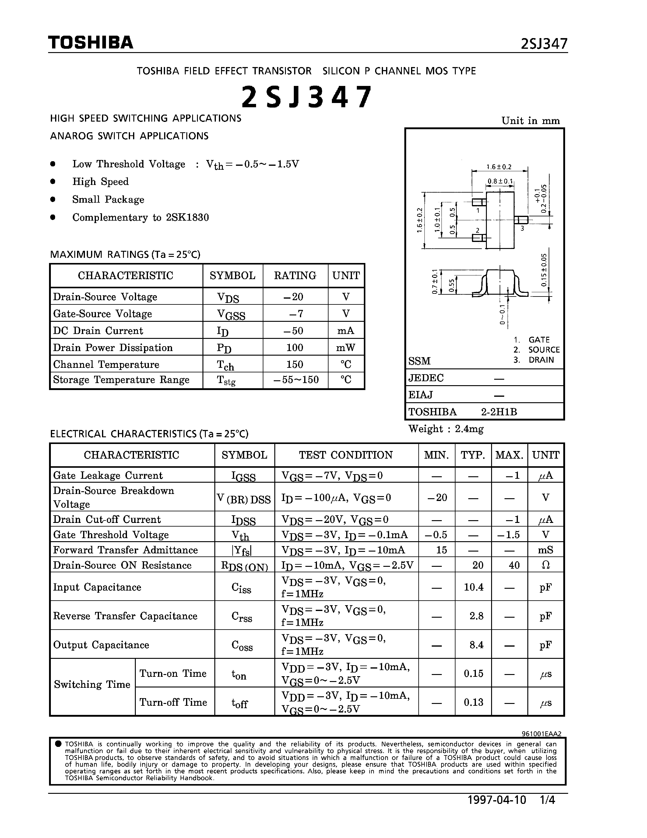 Даташит 2SJ347 - P CHANNEL MOS TYPE (HIGH SPEED SWITCHING/ ANAROG SWITCH APPLICATIONS) страница 1