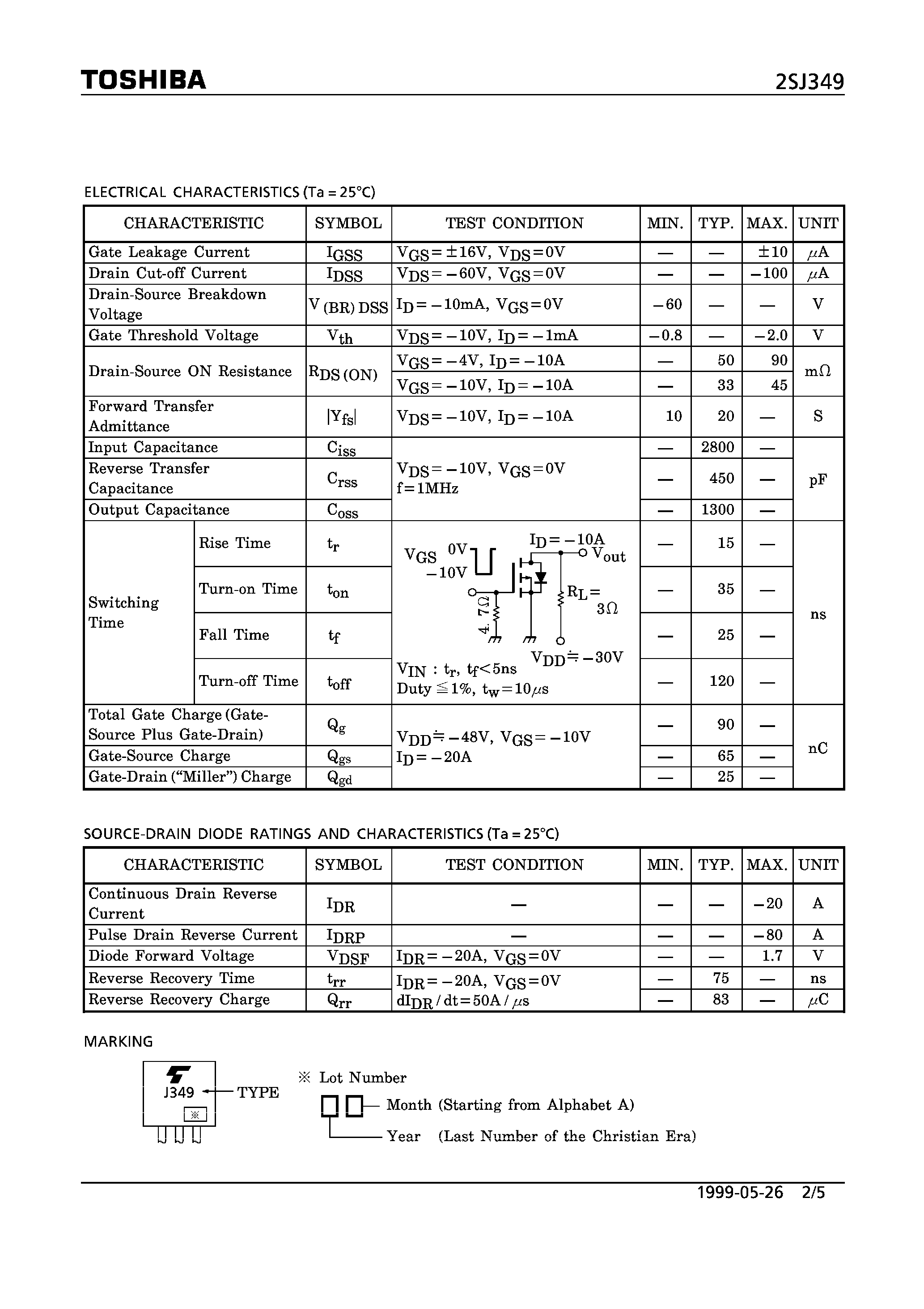 Даташит 2SJ349 - P CHANNEL MOS TYPE (HIGH SPEED/ HIGH CURRENT SWITCHING/ DC-DC CONVERTER/ RELAY DRIVE AND MOTOR DRIVE APPLICATIONS) страница 2