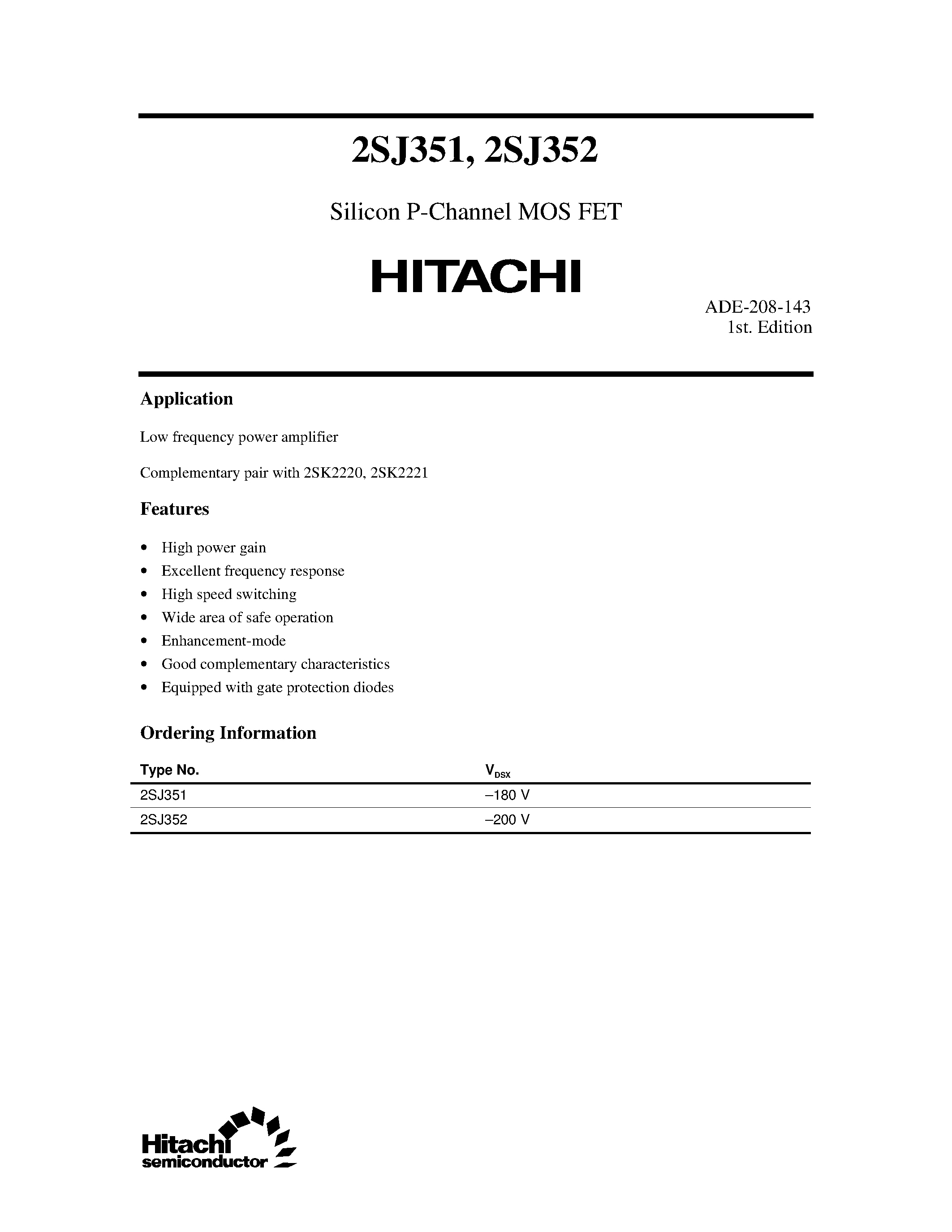 Даташит 2SJ351 - Silicon P-Channel MOS FET страница 1