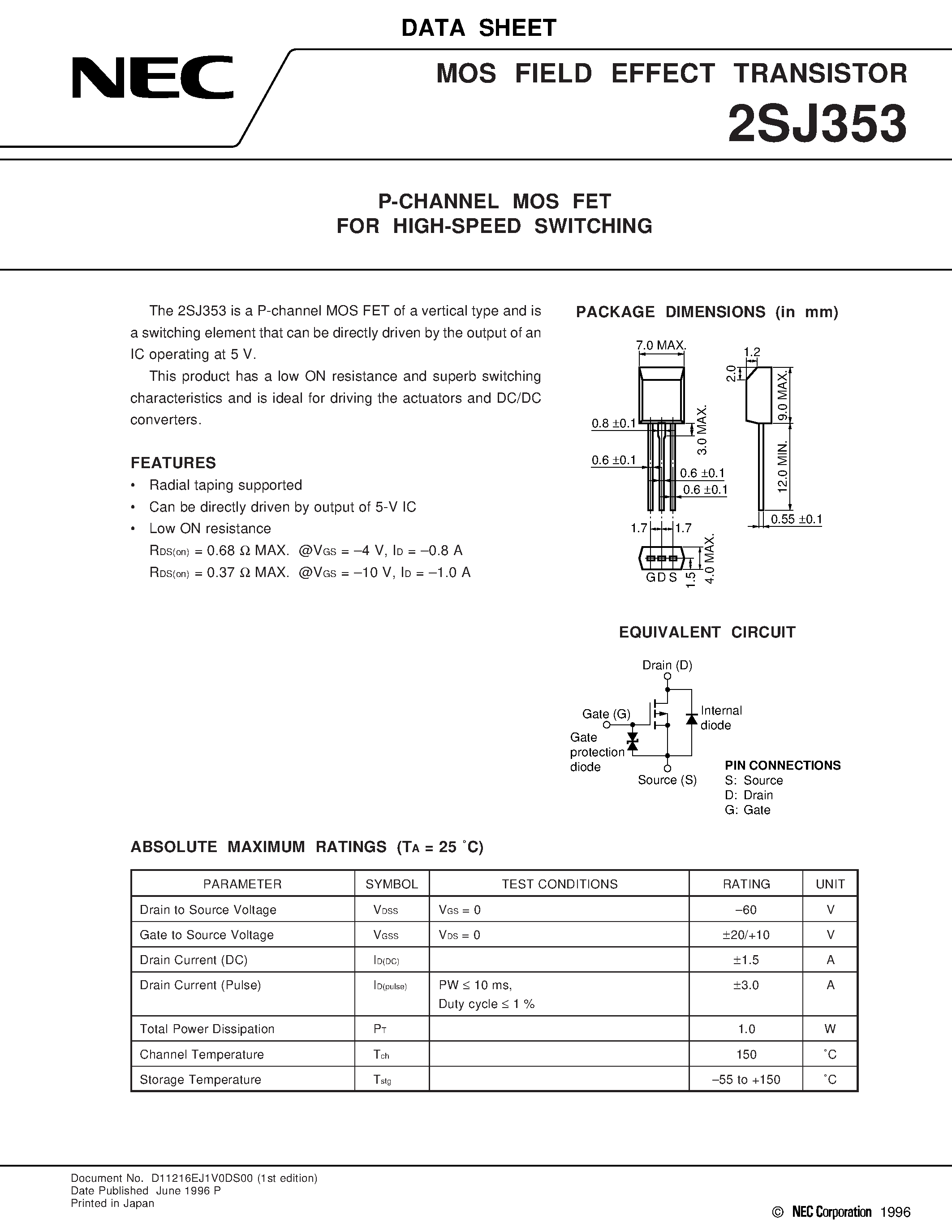 Даташит 2SJ353 - P-CHANNEL MOS FET FOR HIGH-SPEED SWITCHING страница 1