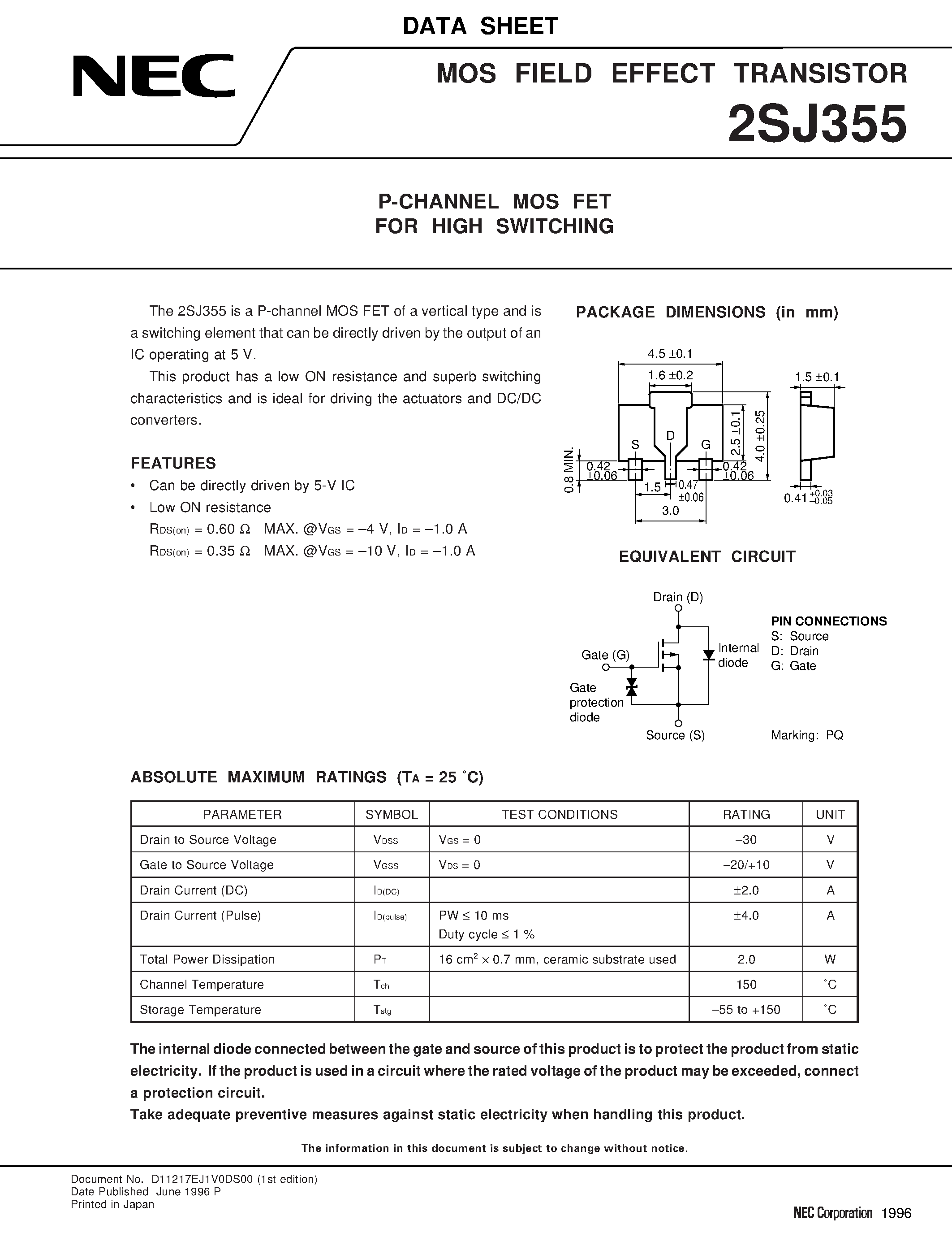 Даташит 2SJ355 - P-CHANNEL MOS FET FOR HIGH SWITCHING страница 1