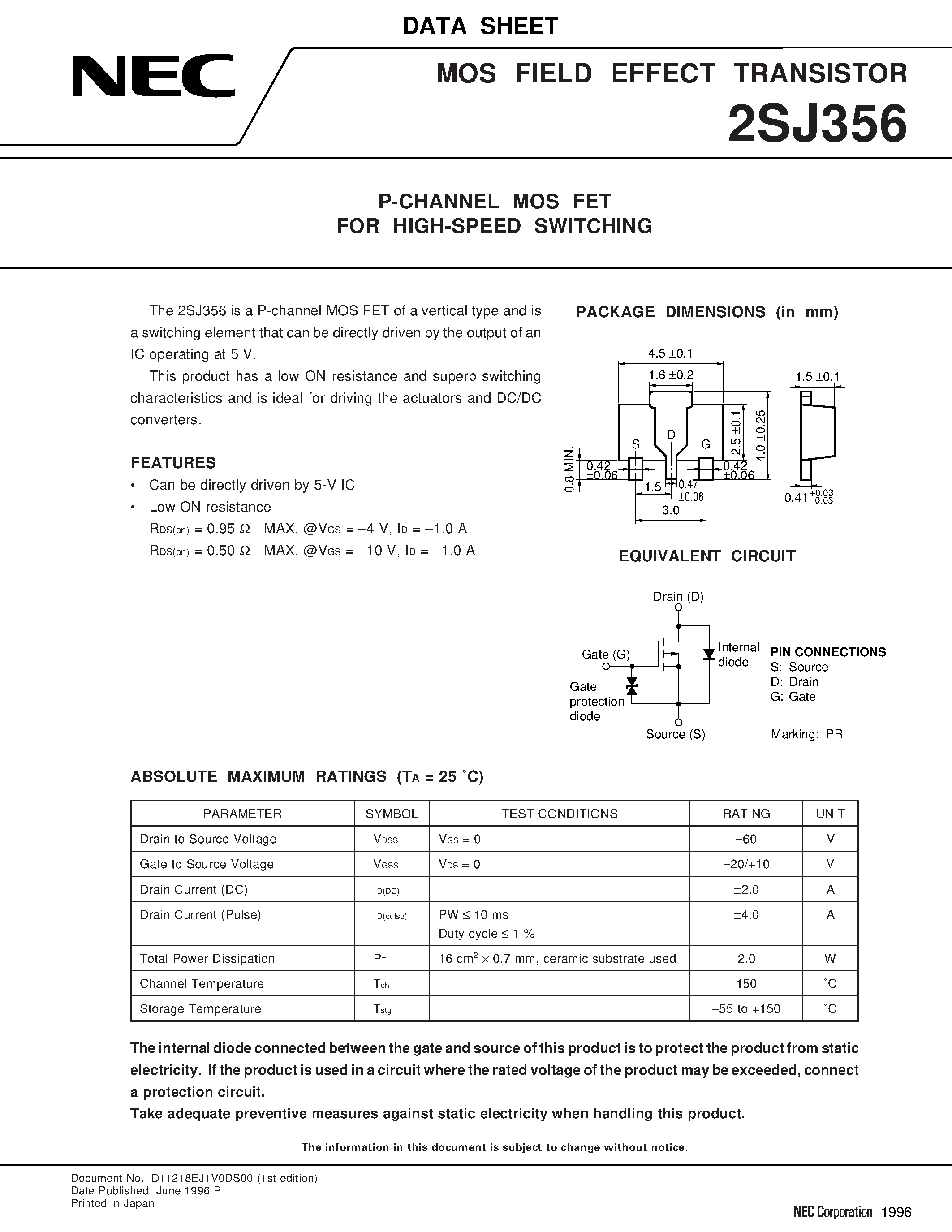 Даташит 2SJ356 - P-CHANNEL MOS FET FOR HIGH-SPEED SWITCHING страница 1