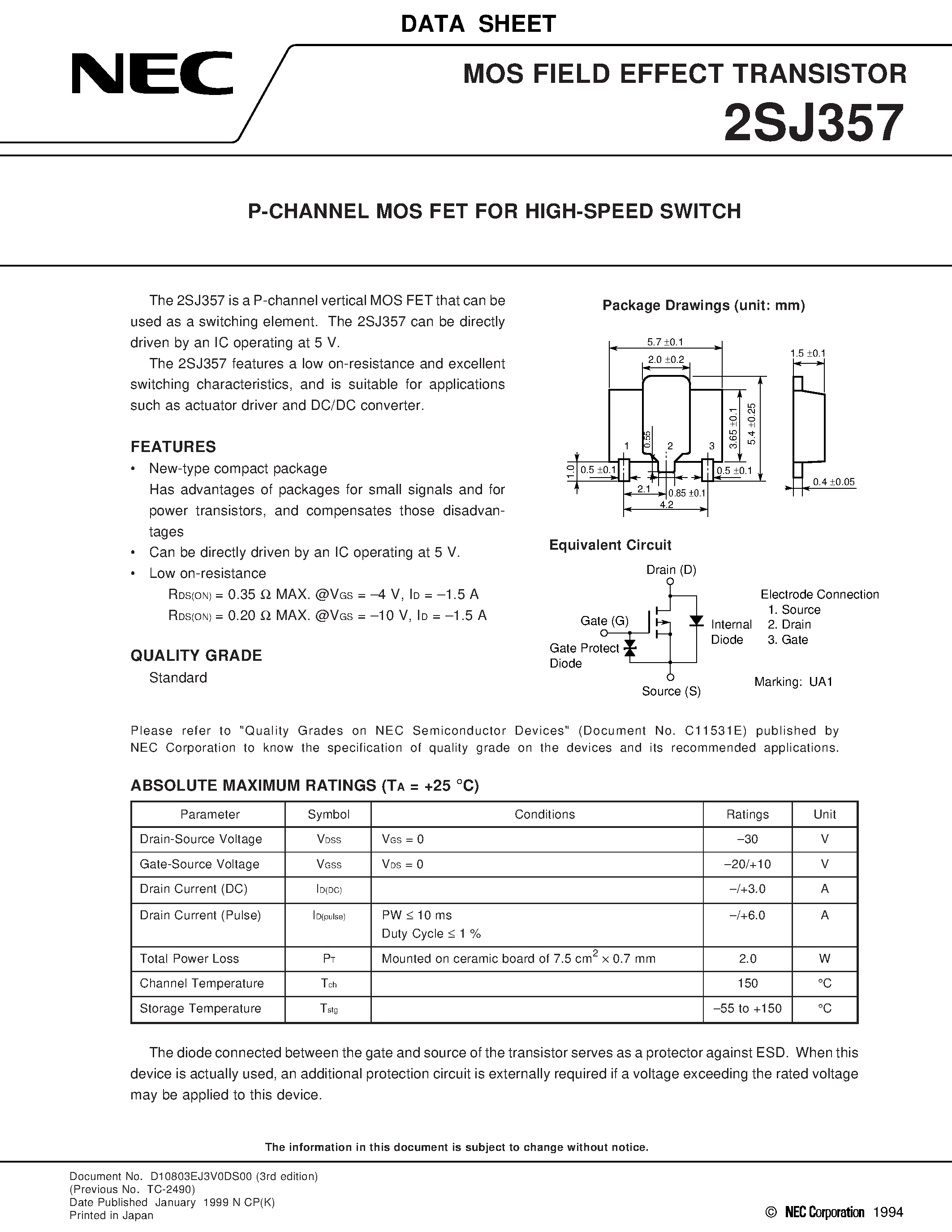 Даташит 2SJ357 - P-CHANNEL MOS FET FOR HIGH-SPEED SWITCH страница 1