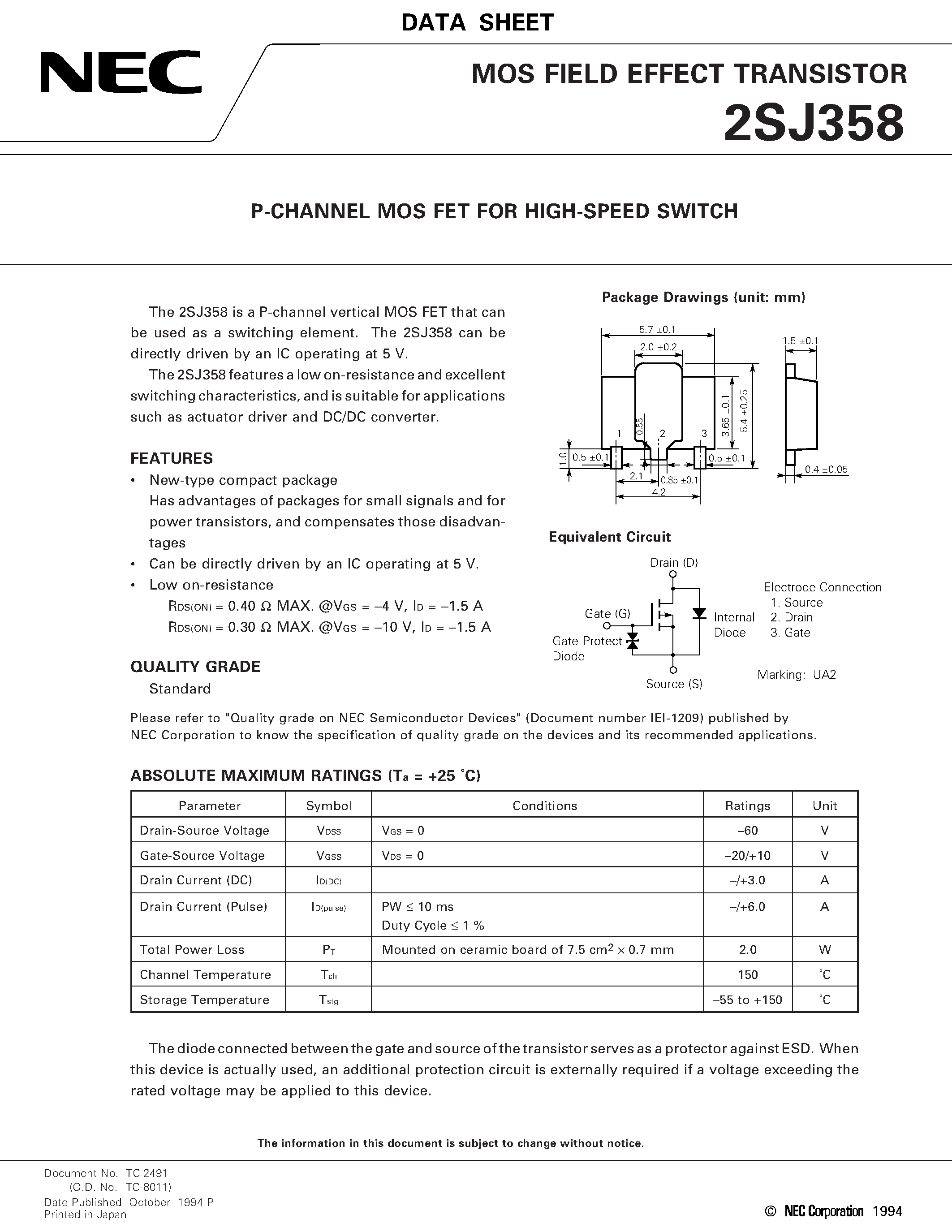 Даташит 2SJ358 - P-CHANNEL MOS FET FOR HIGH-SPEED SWITCH страница 1