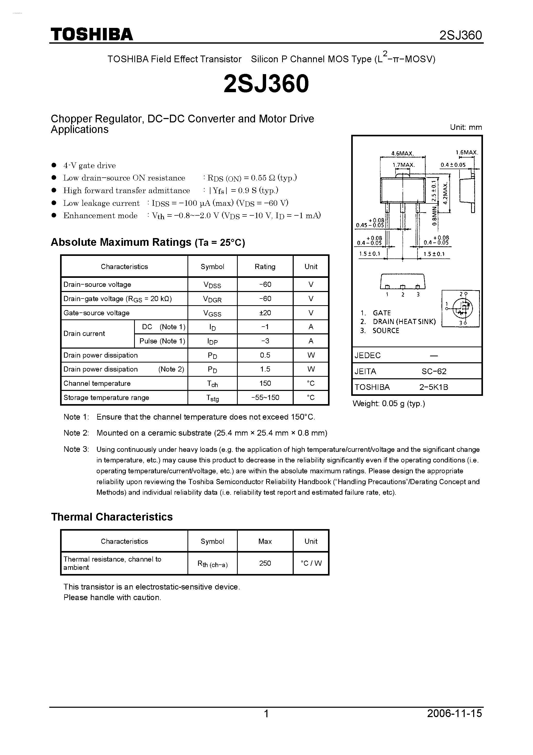 Даташит 2SJ360 - P CHANNEL MOS TYPE (HIGH SPEED/ HIGH CURRENT SWITCHING/ CHOPPER REGULATOR/ DC-DC CONVERTER AND MOTOR DRIVE APPLICATIONS) страница 1