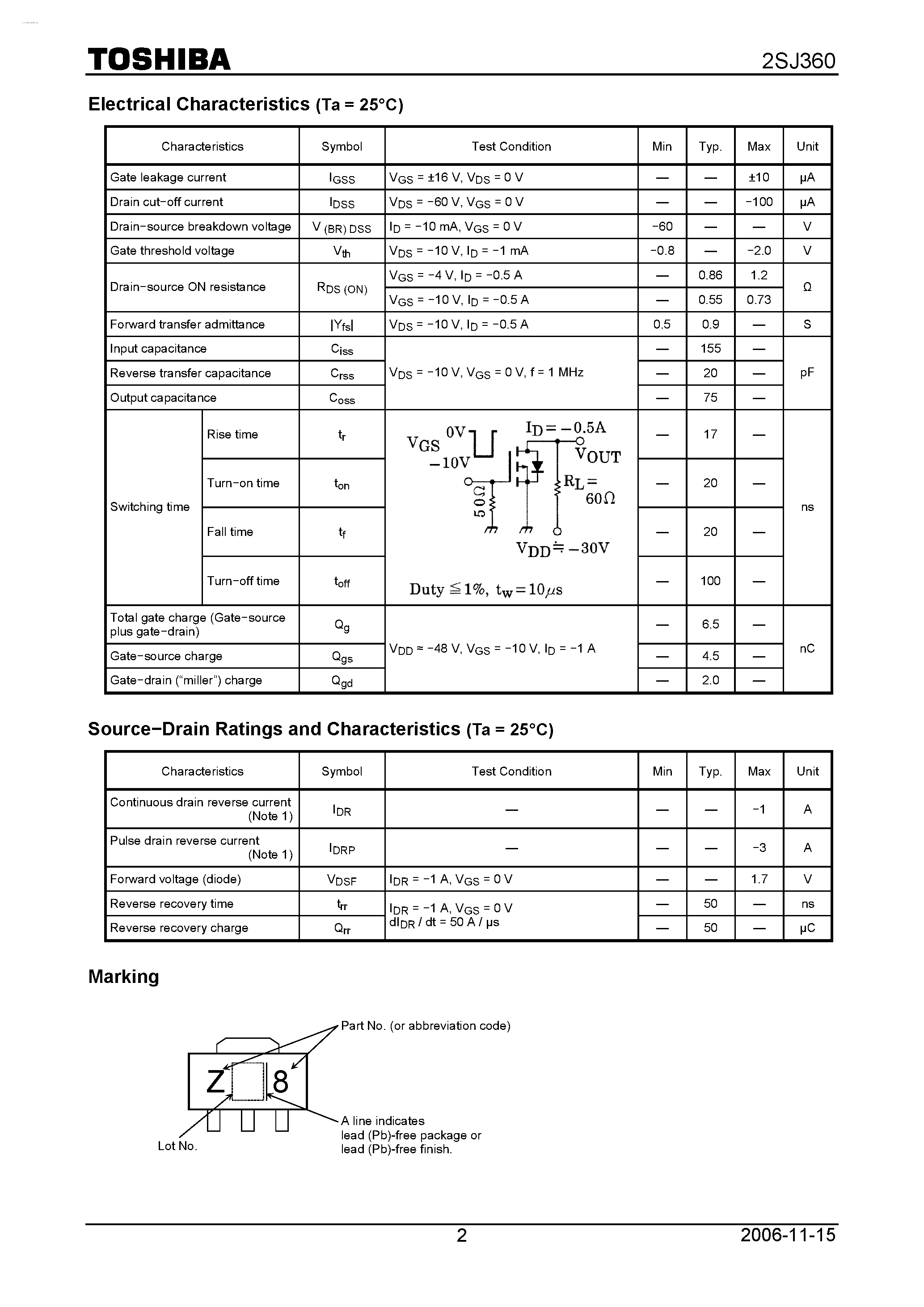 Даташит 2SJ360 - P CHANNEL MOS TYPE (HIGH SPEED/ HIGH CURRENT SWITCHING/ CHOPPER REGULATOR/ DC-DC CONVERTER AND MOTOR DRIVE APPLICATIONS) страница 2