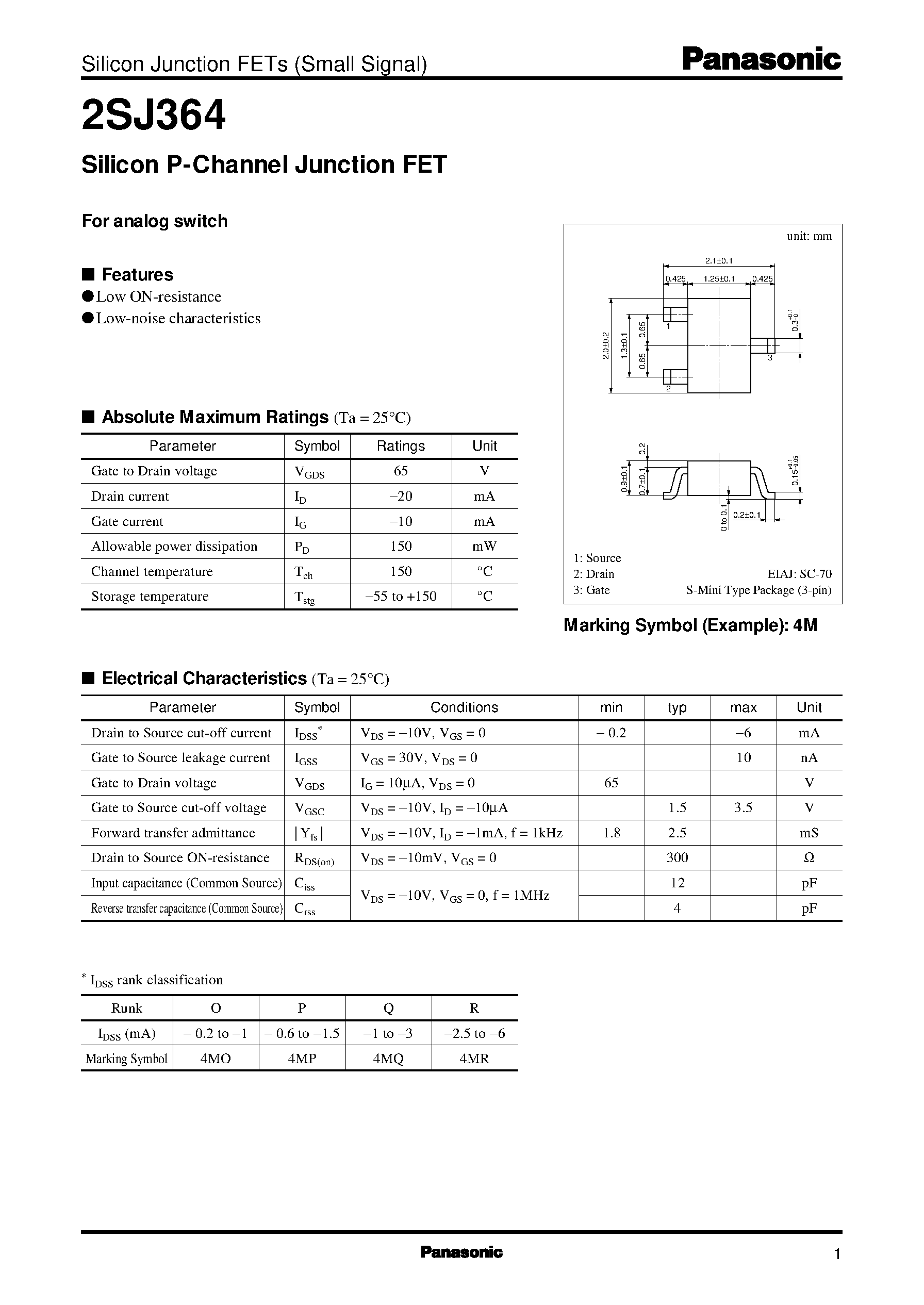 Даташит 2SJ364 - Silicon P-Channel Junction FET страница 1