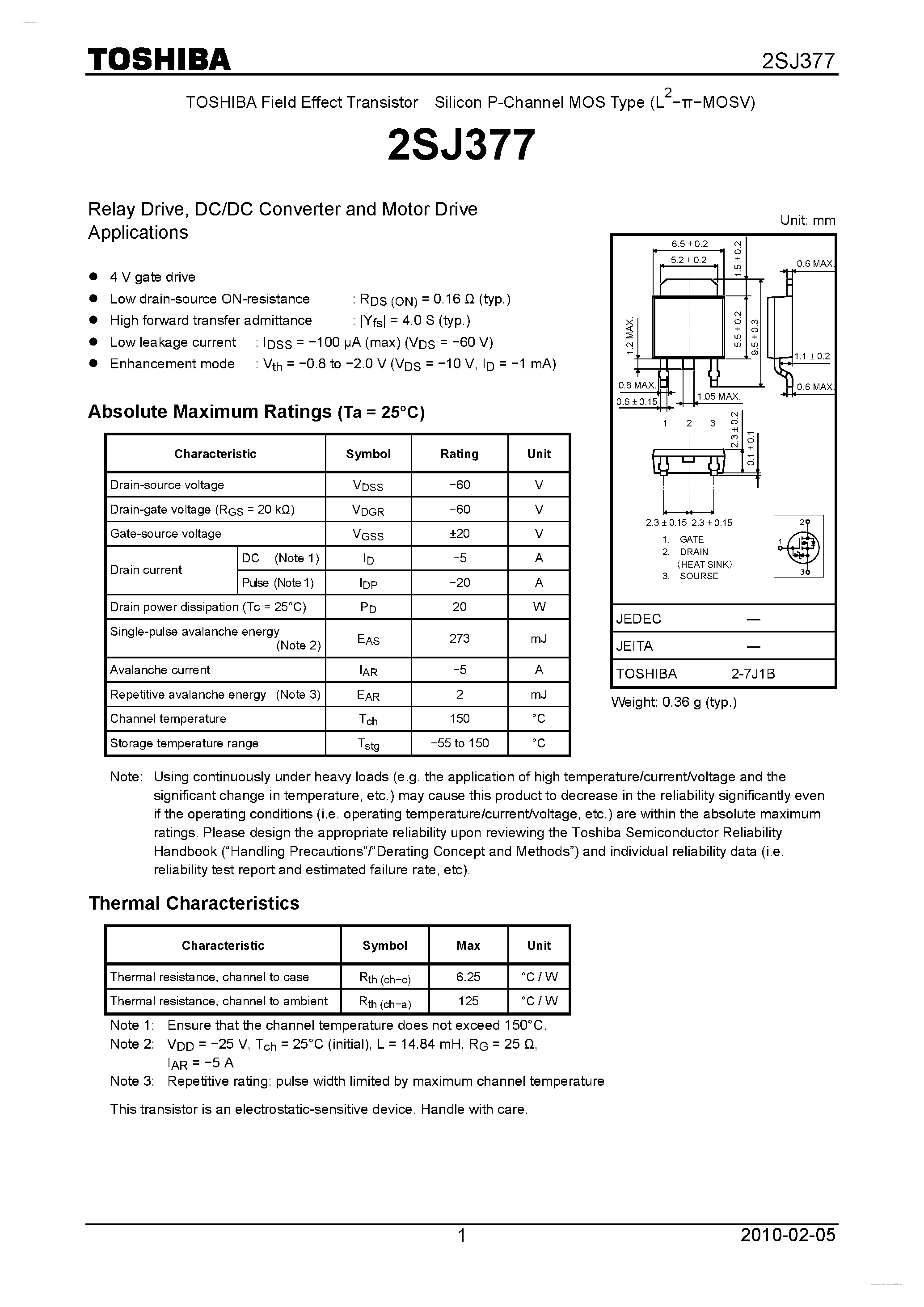 Даташит 2SJ377 - P CHANNEL MOS TYPE (HIGH SPEED/ HIGH CURRENT SWITCHING/ REALY DRIVE/ DC-DC CONVERTER AND MOTOR DRIVE APPLICATIONS) страница 1