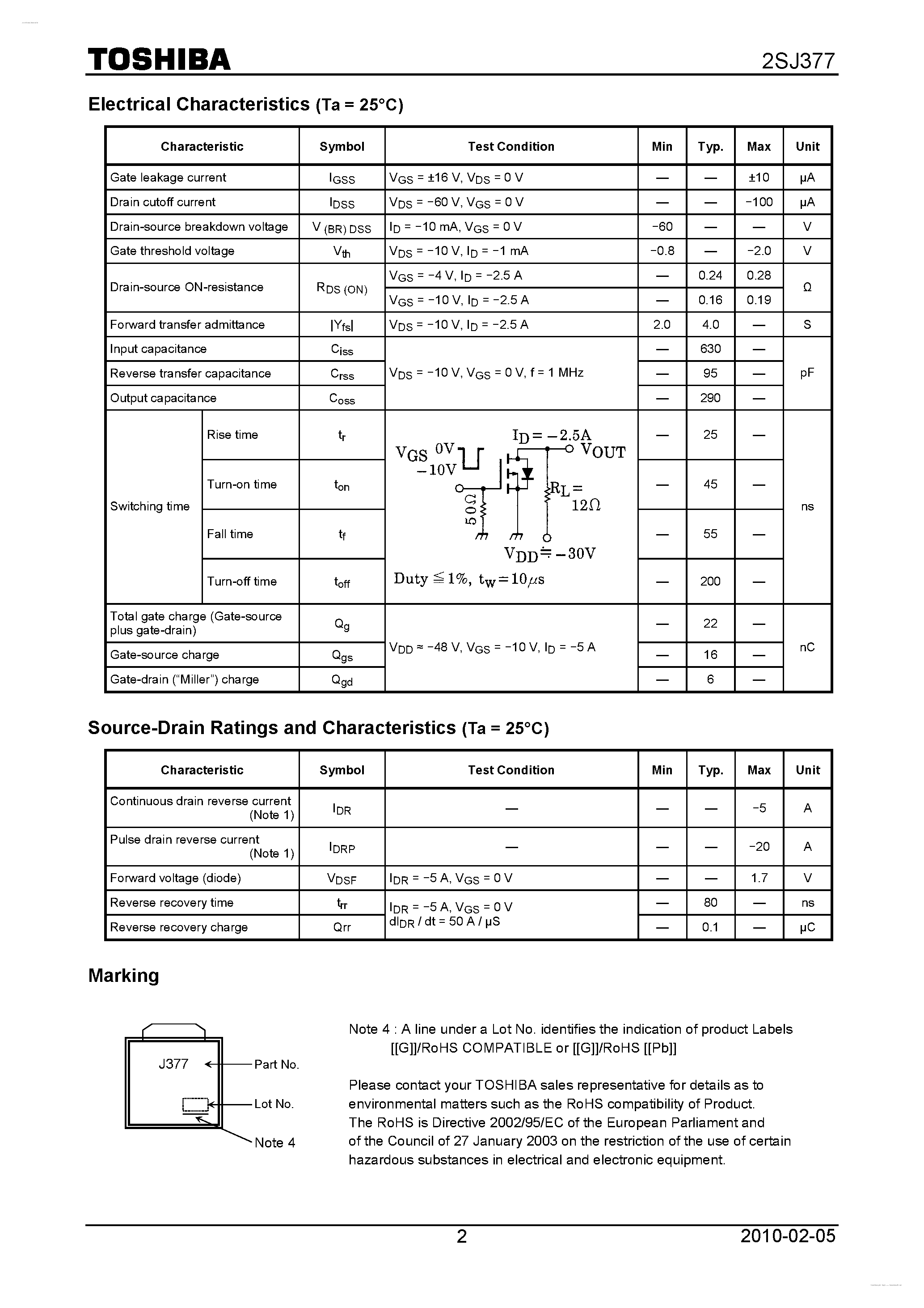 Даташит 2SJ377 - P CHANNEL MOS TYPE (HIGH SPEED/ HIGH CURRENT SWITCHING/ REALY DRIVE/ DC-DC CONVERTER AND MOTOR DRIVE APPLICATIONS) страница 2