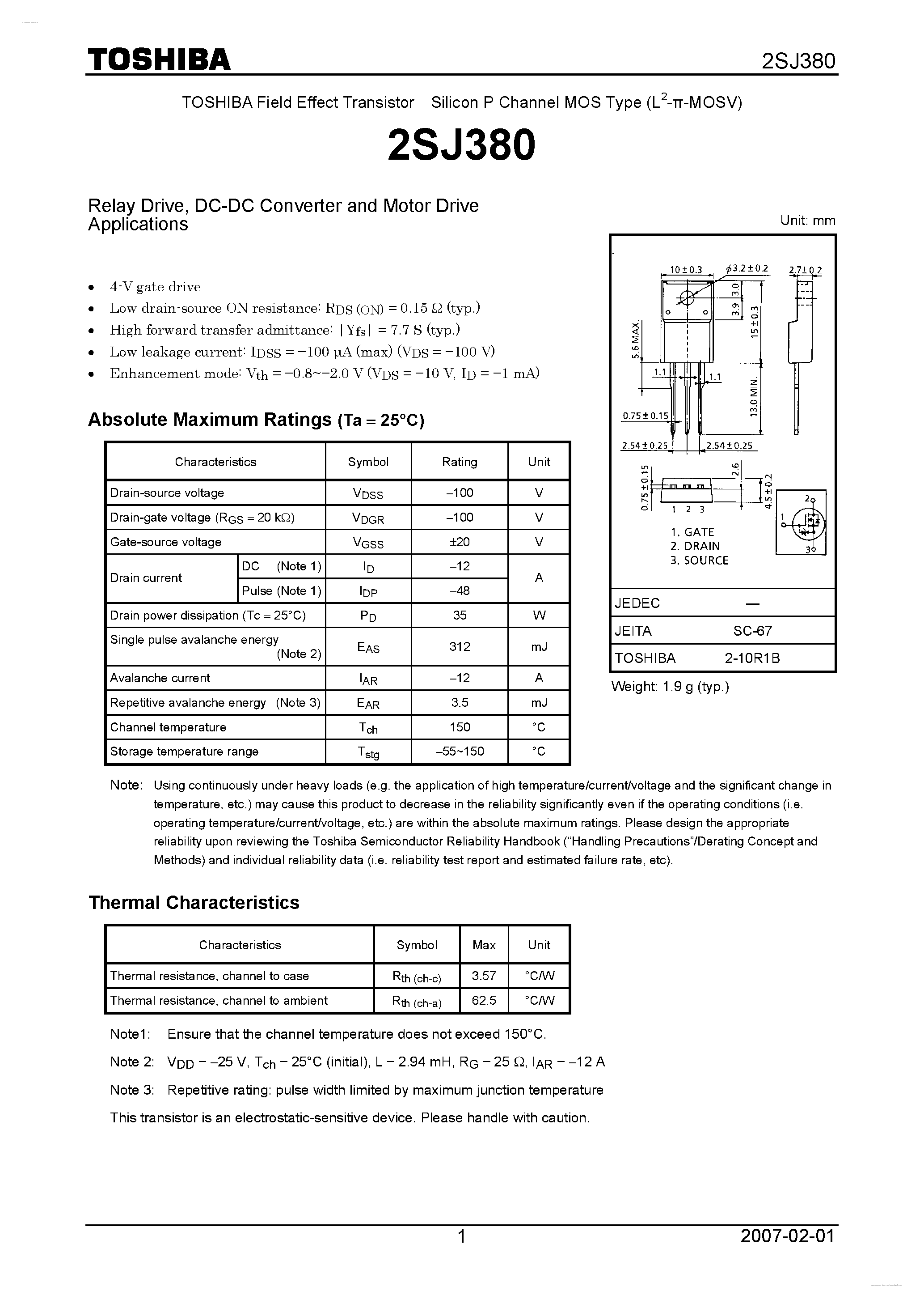 Даташит 2SJ380 - P CHANNEL MOS TYPE (HIGH SPEED/ HIGH CURRENT SWITCHING/ RELAY DRIVE/ DC-DC CONVERTER AND MOTOR DRIVE APPLICATIONS) страница 1