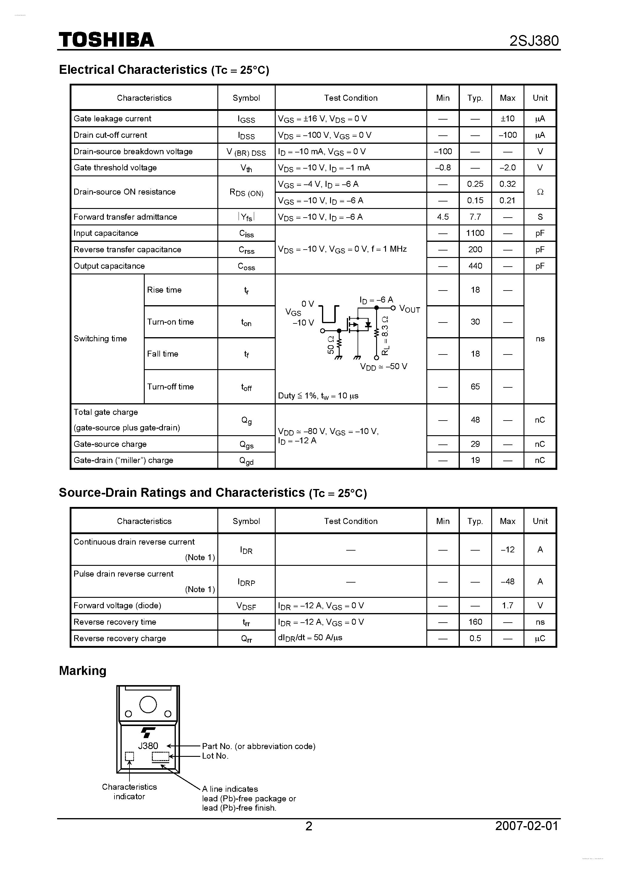 Даташит 2SJ380 - P CHANNEL MOS TYPE (HIGH SPEED/ HIGH CURRENT SWITCHING/ RELAY DRIVE/ DC-DC CONVERTER AND MOTOR DRIVE APPLICATIONS) страница 2