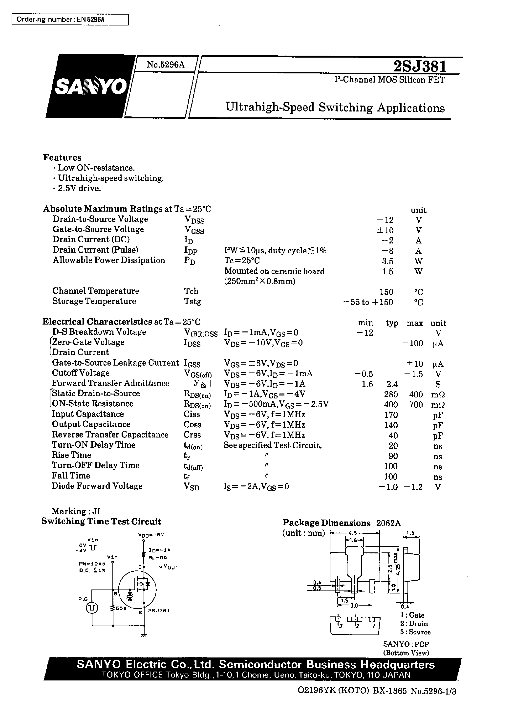 Даташит 2SJ381 - Ultrahigh-Speed Switching Applications страница 1