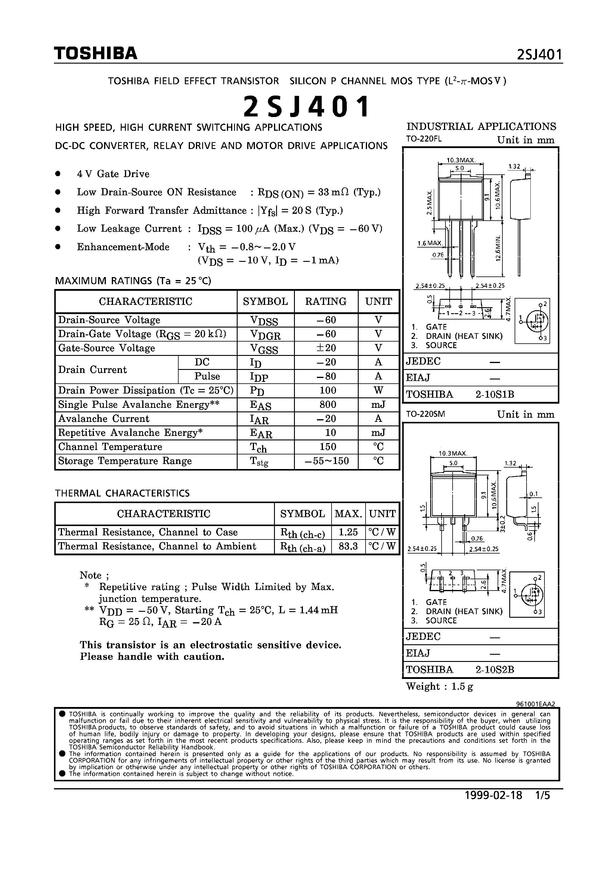 Даташит 2SJ401 - P CHANNEL MOS TYPE (HIGH SPEED/ HIGH CURRENT SWITCHING/ DC-DC CONVERTER/ RELAY DRIVE AND MOTOR DRIVE APPLICATIONS) страница 1