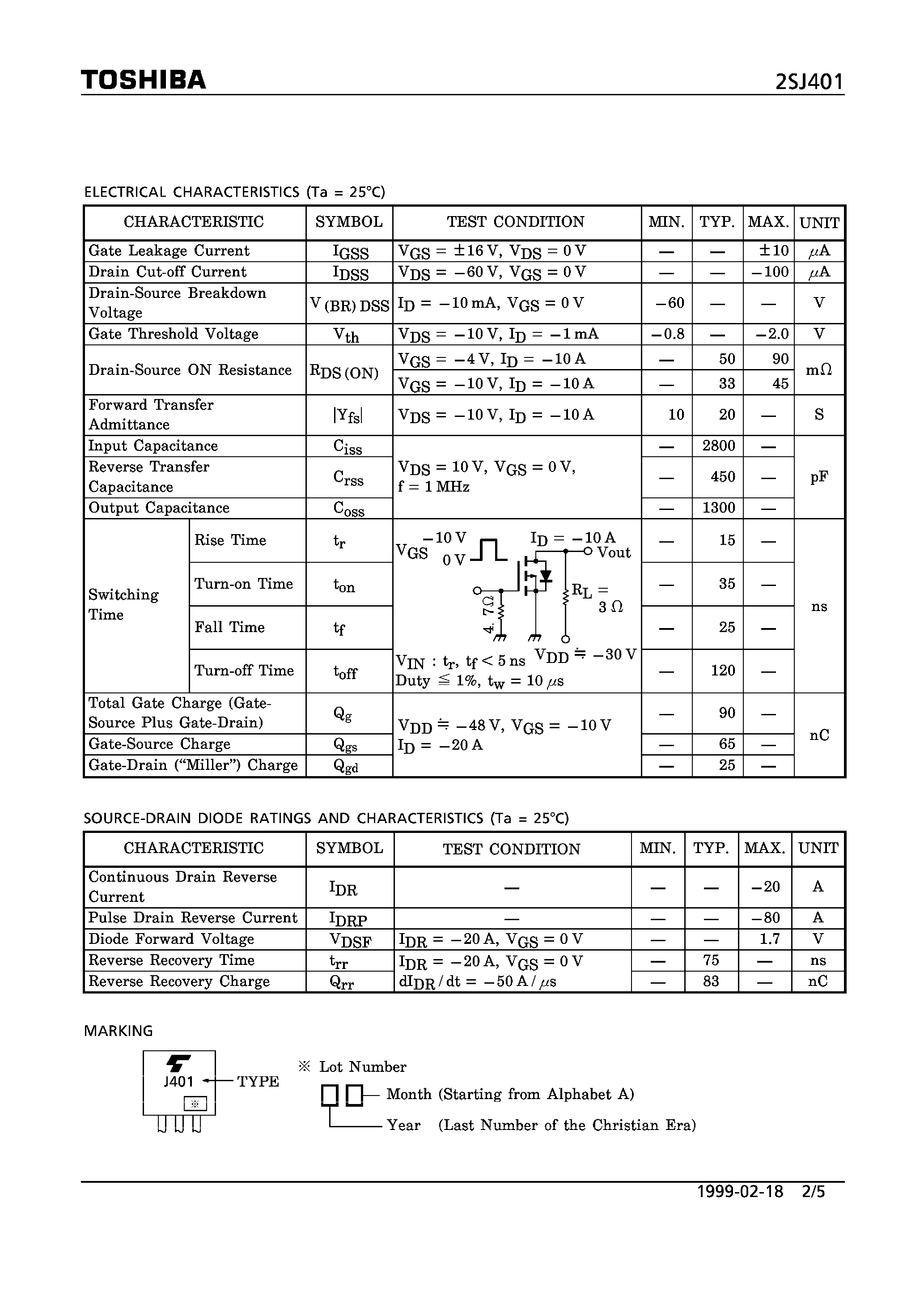 Даташит 2SJ401 - P CHANNEL MOS TYPE (HIGH SPEED/ HIGH CURRENT SWITCHING/ DC-DC CONVERTER/ RELAY DRIVE AND MOTOR DRIVE APPLICATIONS) страница 2