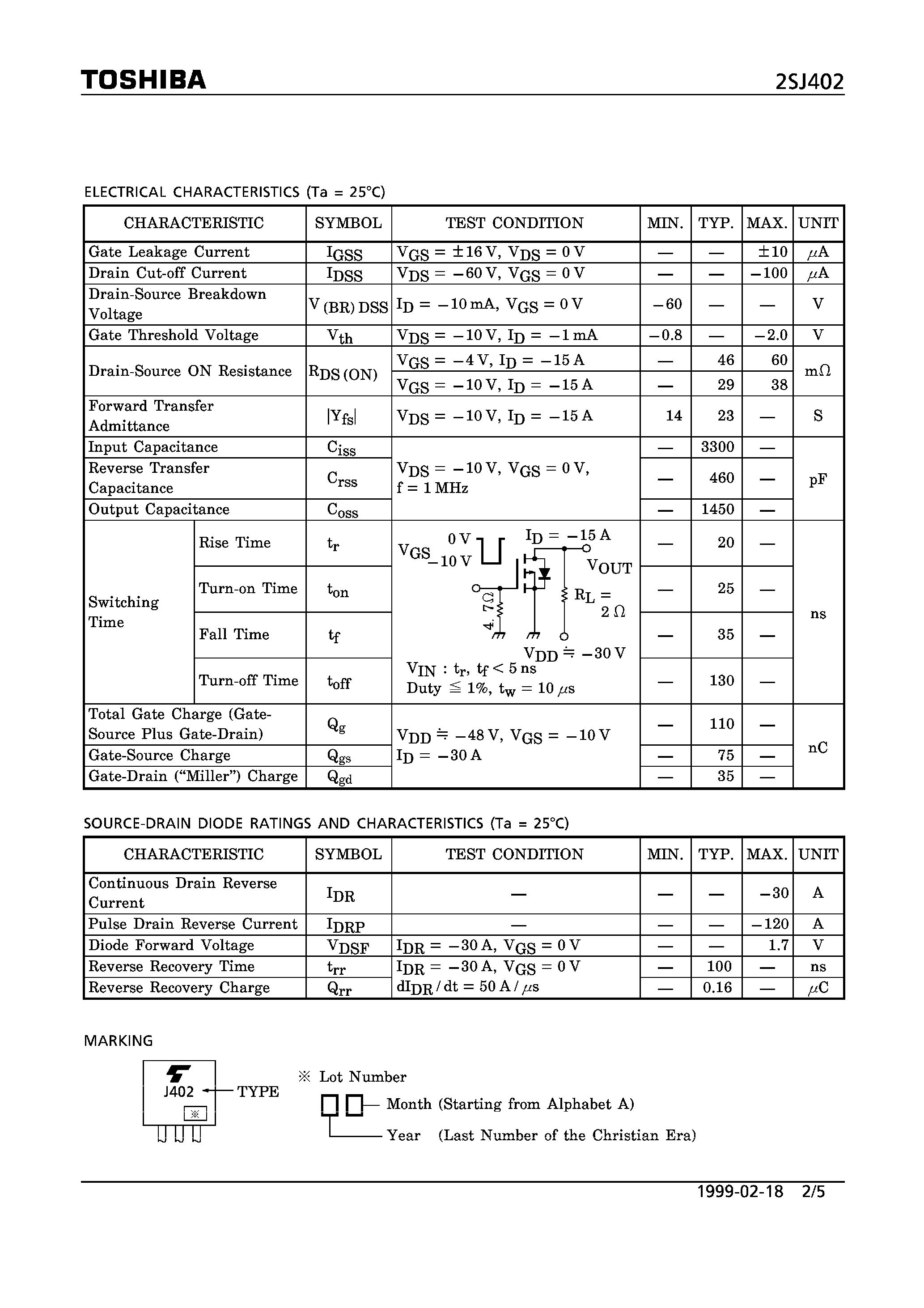 Даташит 2SJ402 - P CHANNEL MOS TYPE (HIGH SPEED/ HIGH CURRENT SWITCHING/ DC-DC CONVERTER/ RELAY DRIVE AND MOTOR DRIVE APPLICATIONS) страница 2