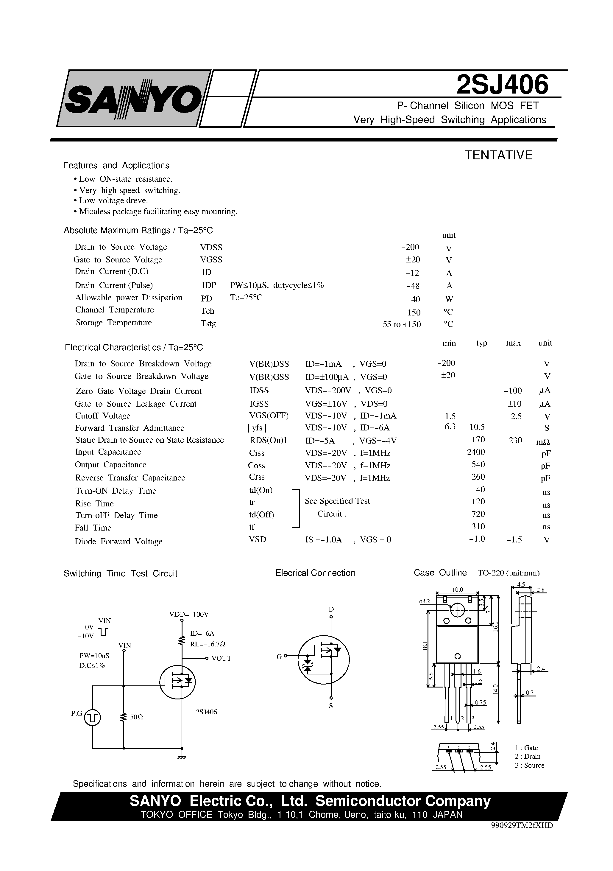 Даташит 2SJ406 - P- Channel Silicon MOS FET Very High-Speed Switching Applications страница 1