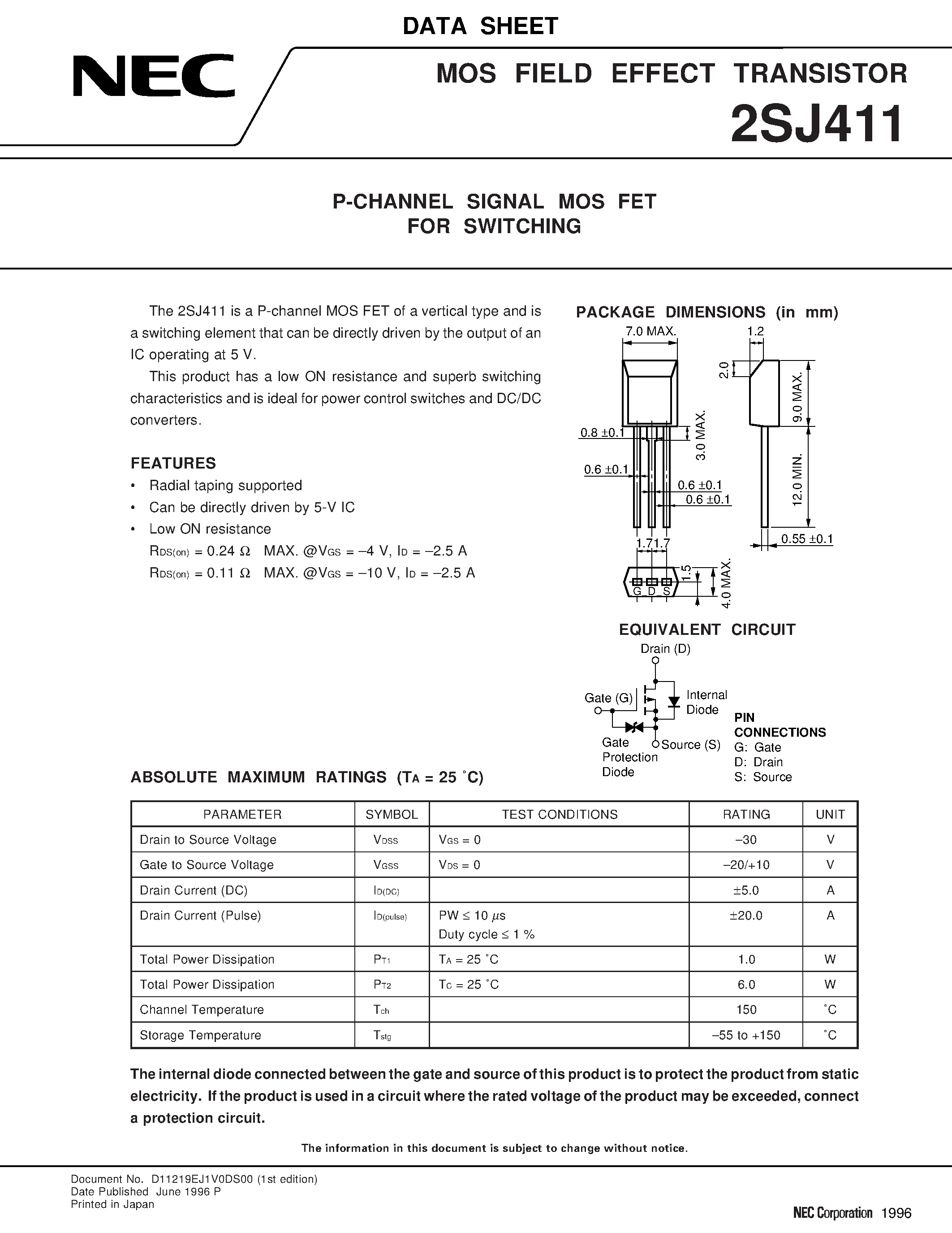 Даташит 2SJ411 - P-CHANNEL SIGNAL MOS FET FOR SWITCHING страница 1