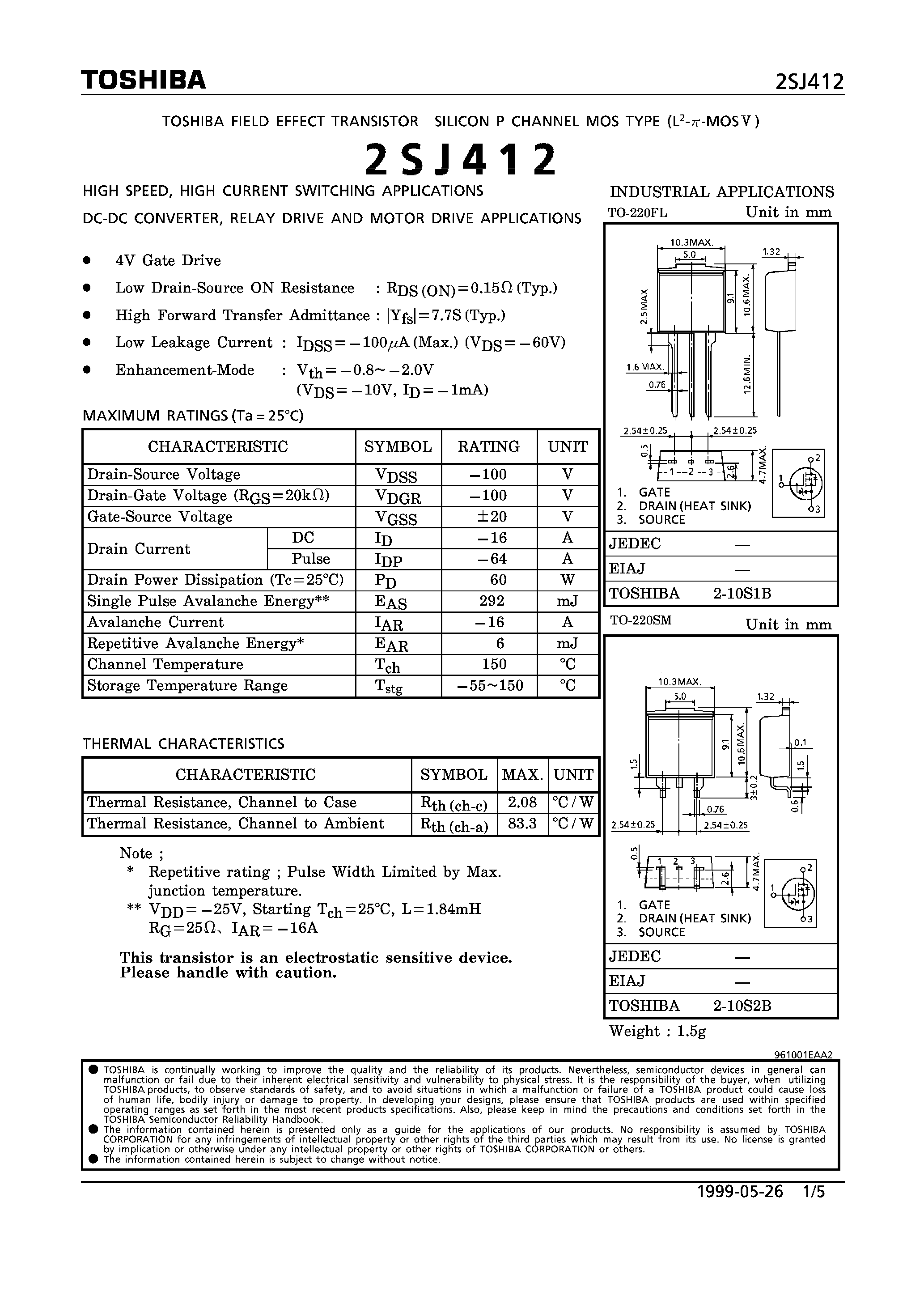 Даташит 2SJ412 - P CHANNEL MOS TYPE (HIGH SPEED/ HIGH CURRENT SWITCHING/ DC-DC CONVERTER/ RELAY DRIVE AND MOTOR DRIVE APPLICATIONS) страница 1