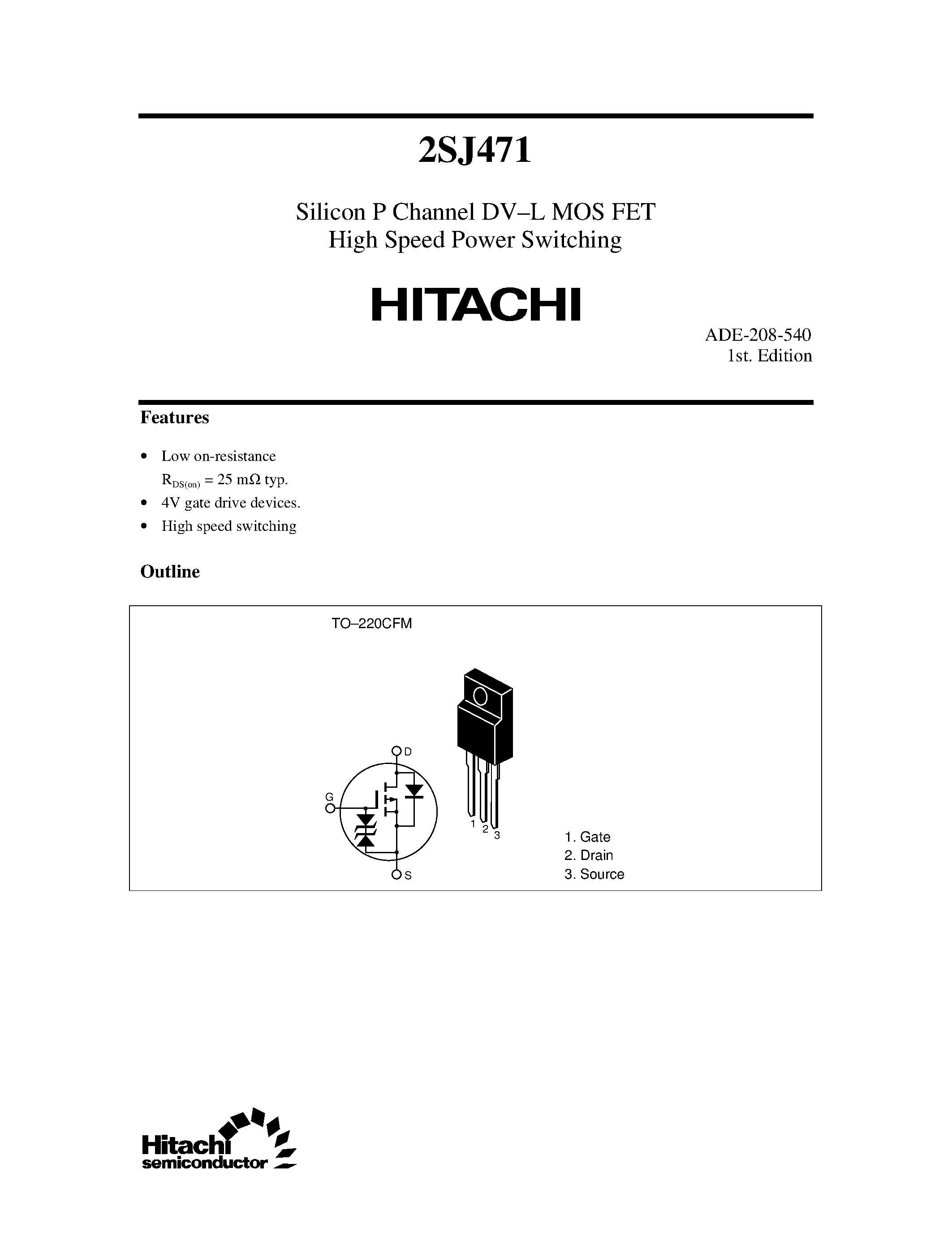 Datasheet 2SJ471 - Silicon P Channel DV-L MOS FET High Speed Power Switching page 1