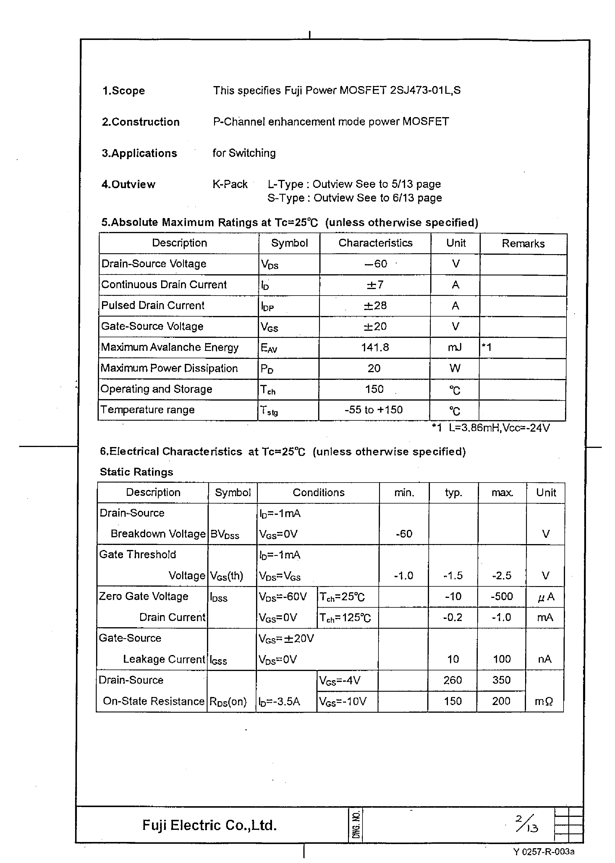 Даташит 2SJ473-01L - Power MOSFET страница 2