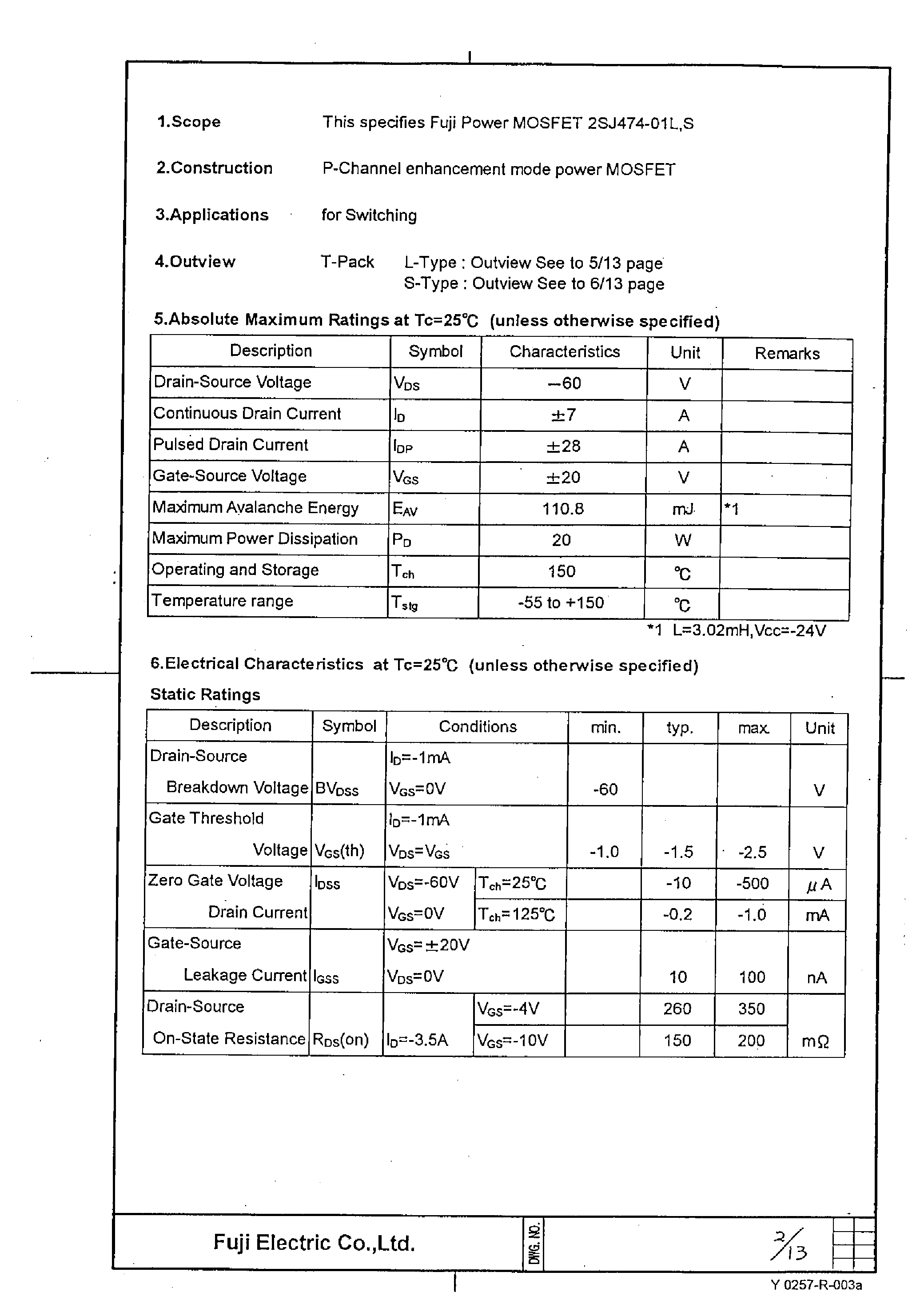 Даташит 2SJ474-01L - Power MOSFET страница 2