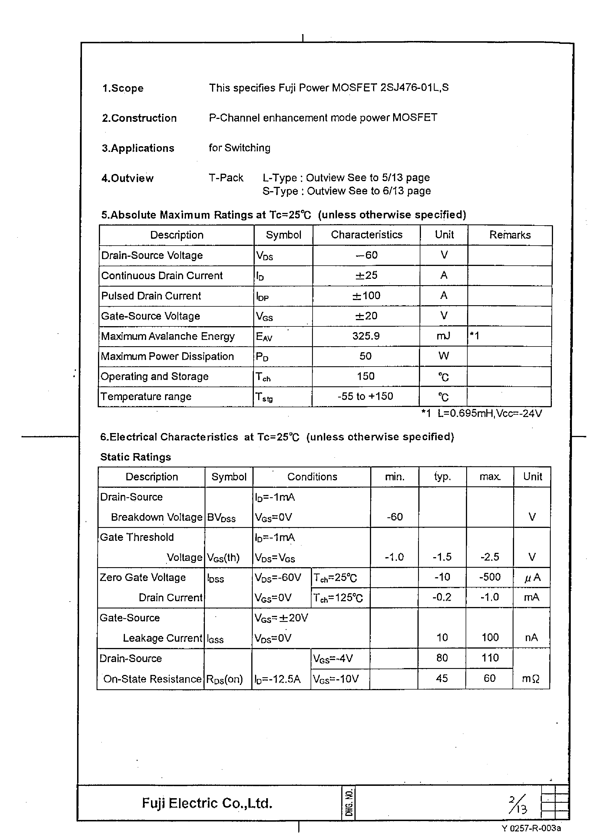 Даташит 2SJ476-01L - Power MOSFET страница 2