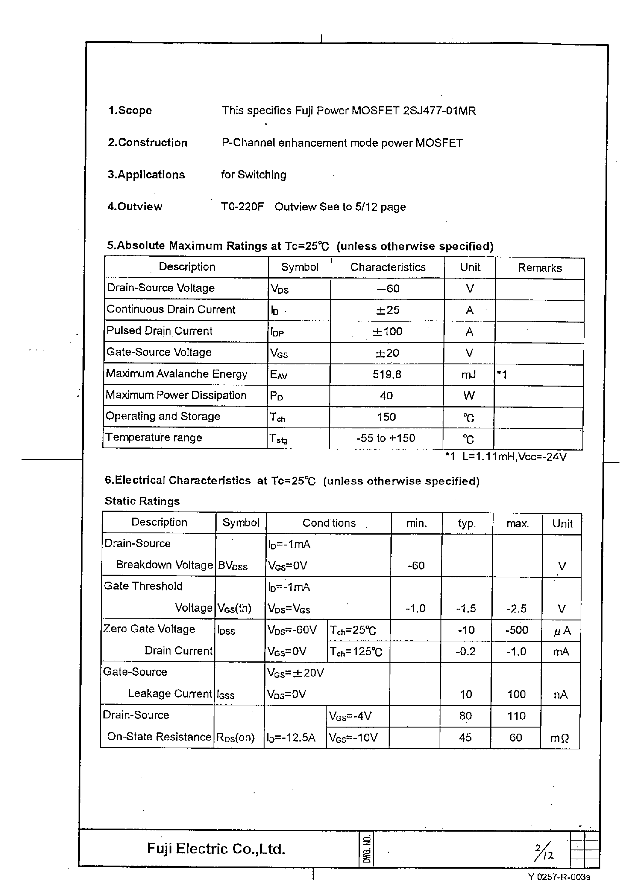 Даташит 2SJ477-01MR - Power MOSFET страница 2