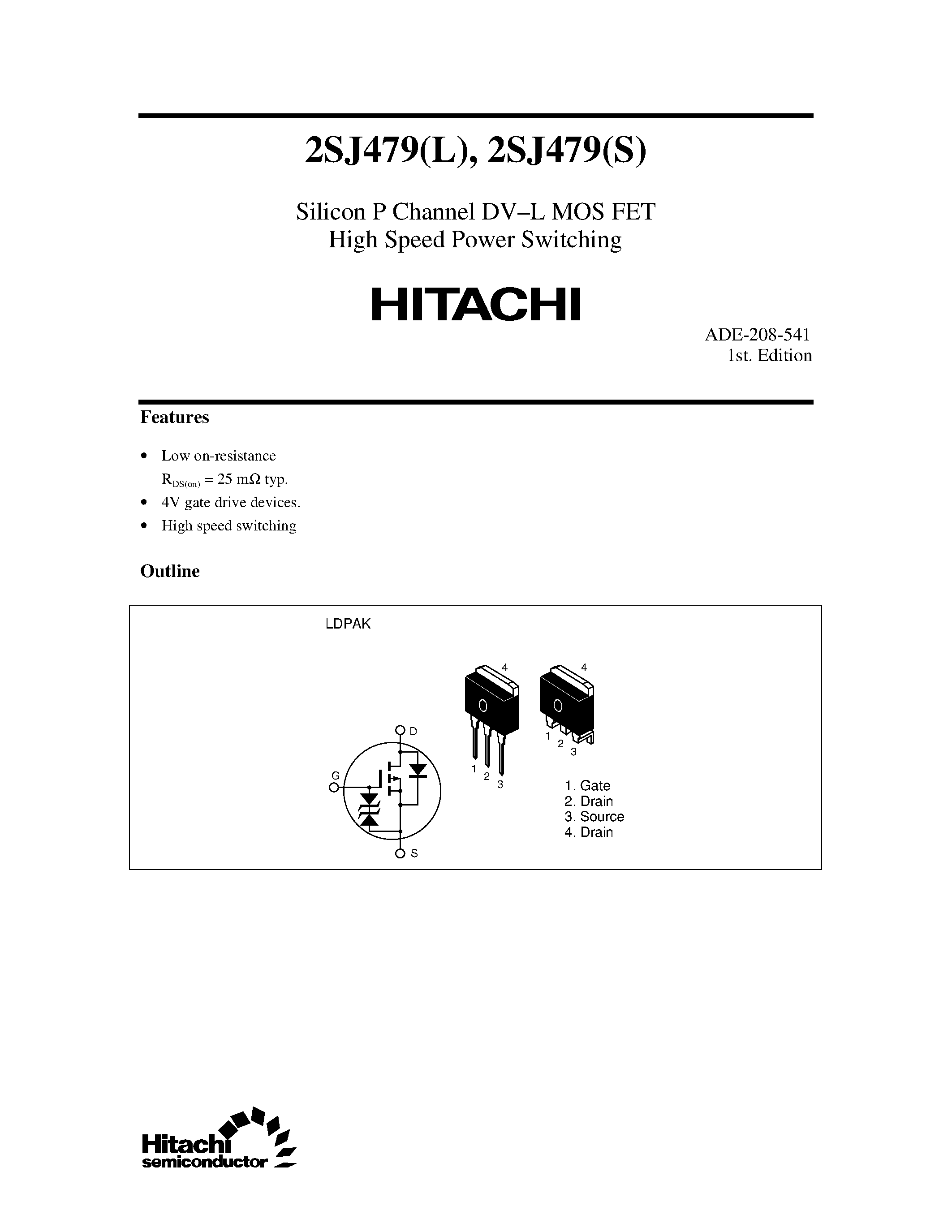 Datasheet 2SJ479 - Silicon P Channel DV-L MOS FET High Speed Power Switching page 1