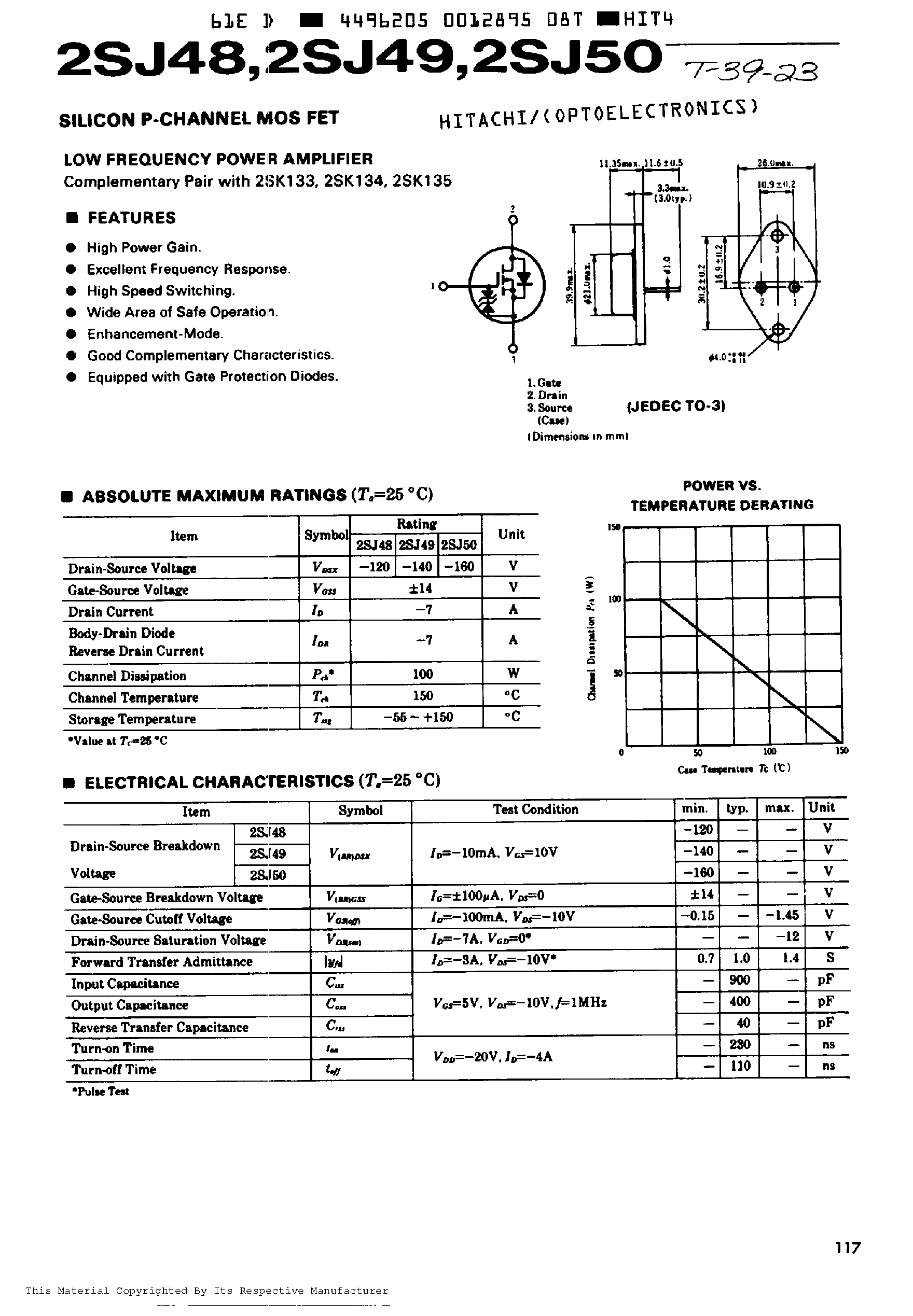 Даташит 2SJ48 - LOW FREQUENCY POWER AMPLIFIER страница 1