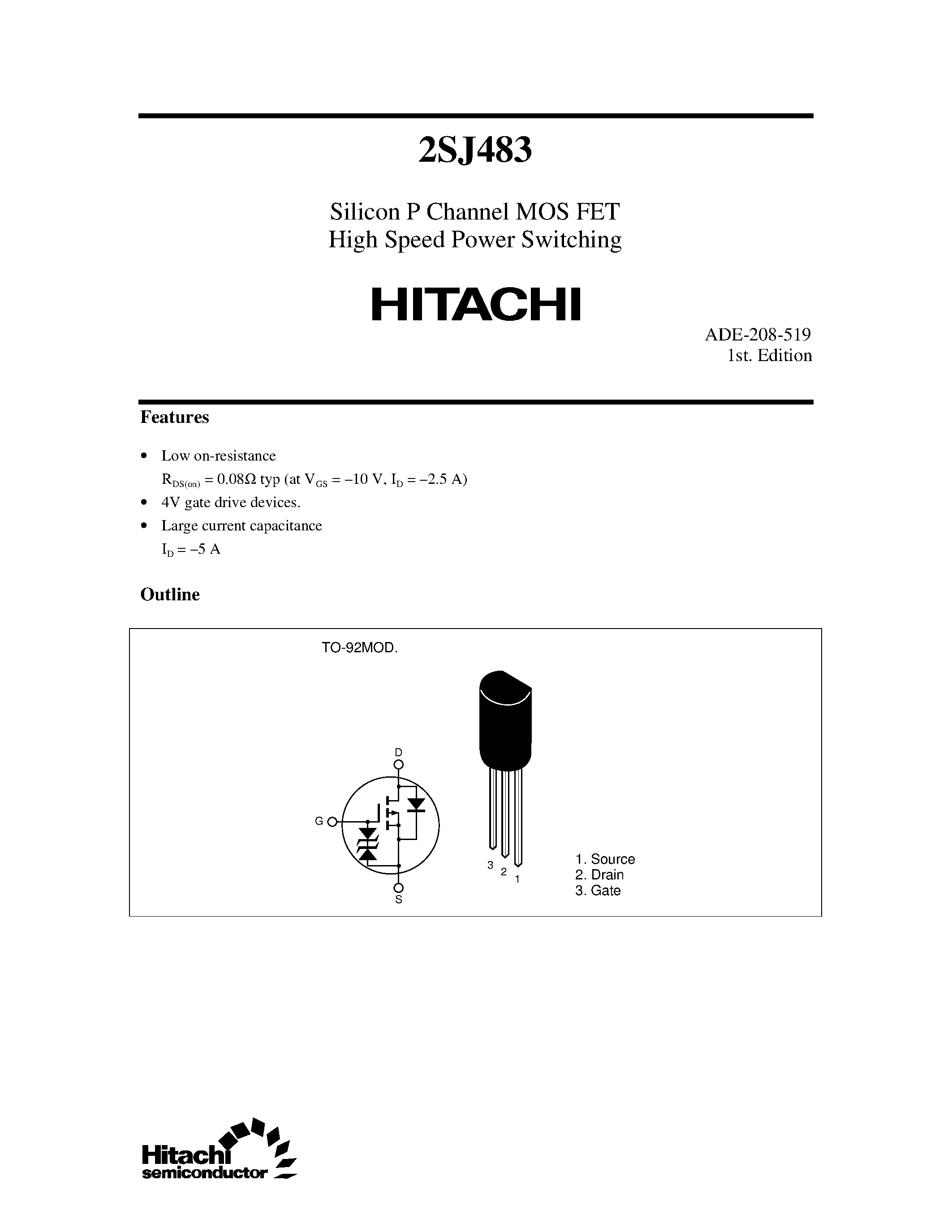 Даташит 2SJ483 - Silicon P Channel MOS FET High Speed Power Switching страница 1